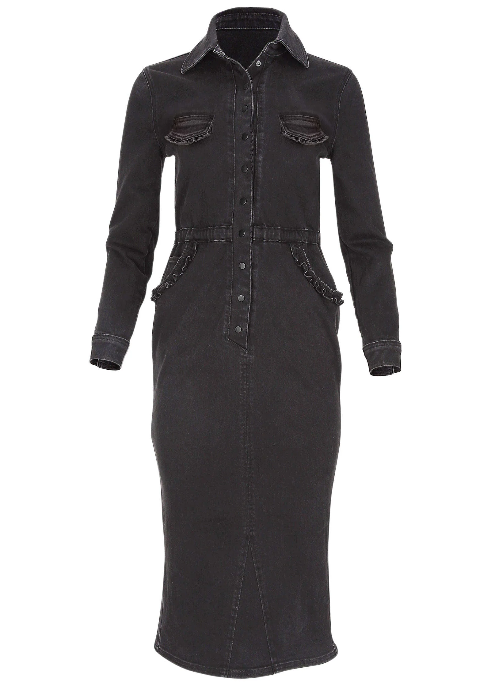 Ruffle Denim Midi Dress - Black Wash - Image 5