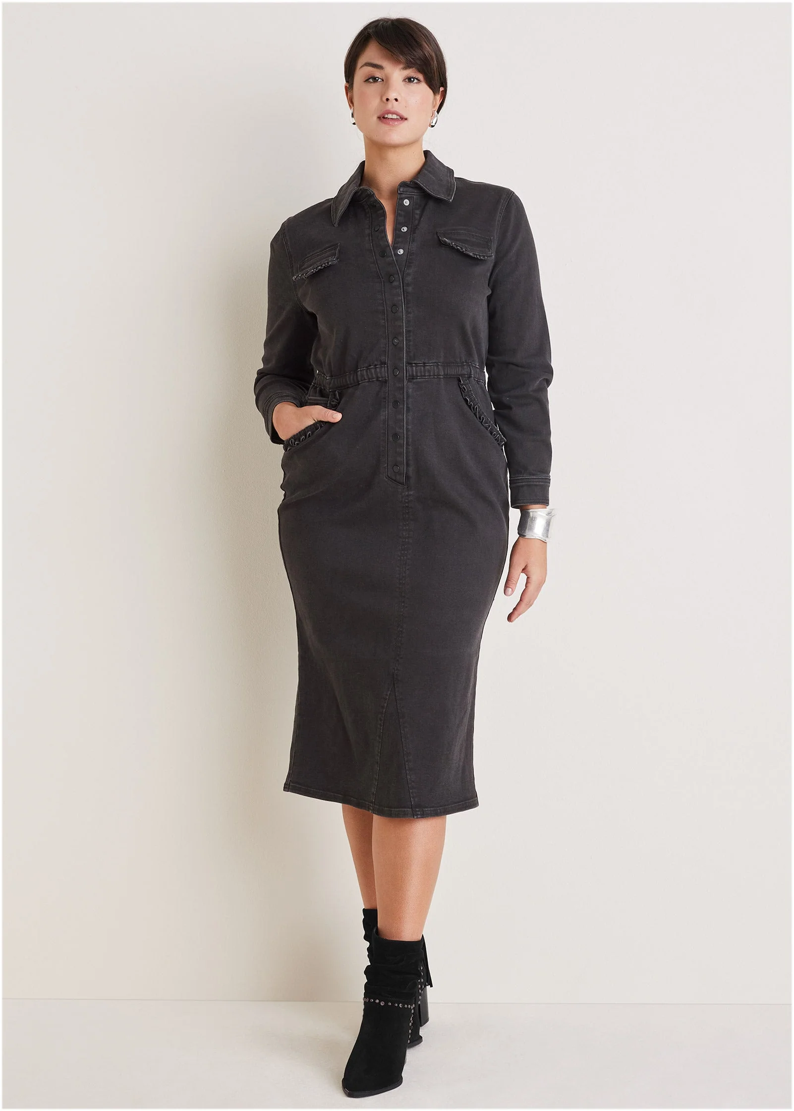 Ruffle Denim Midi Dress - Black Wash - Image 6