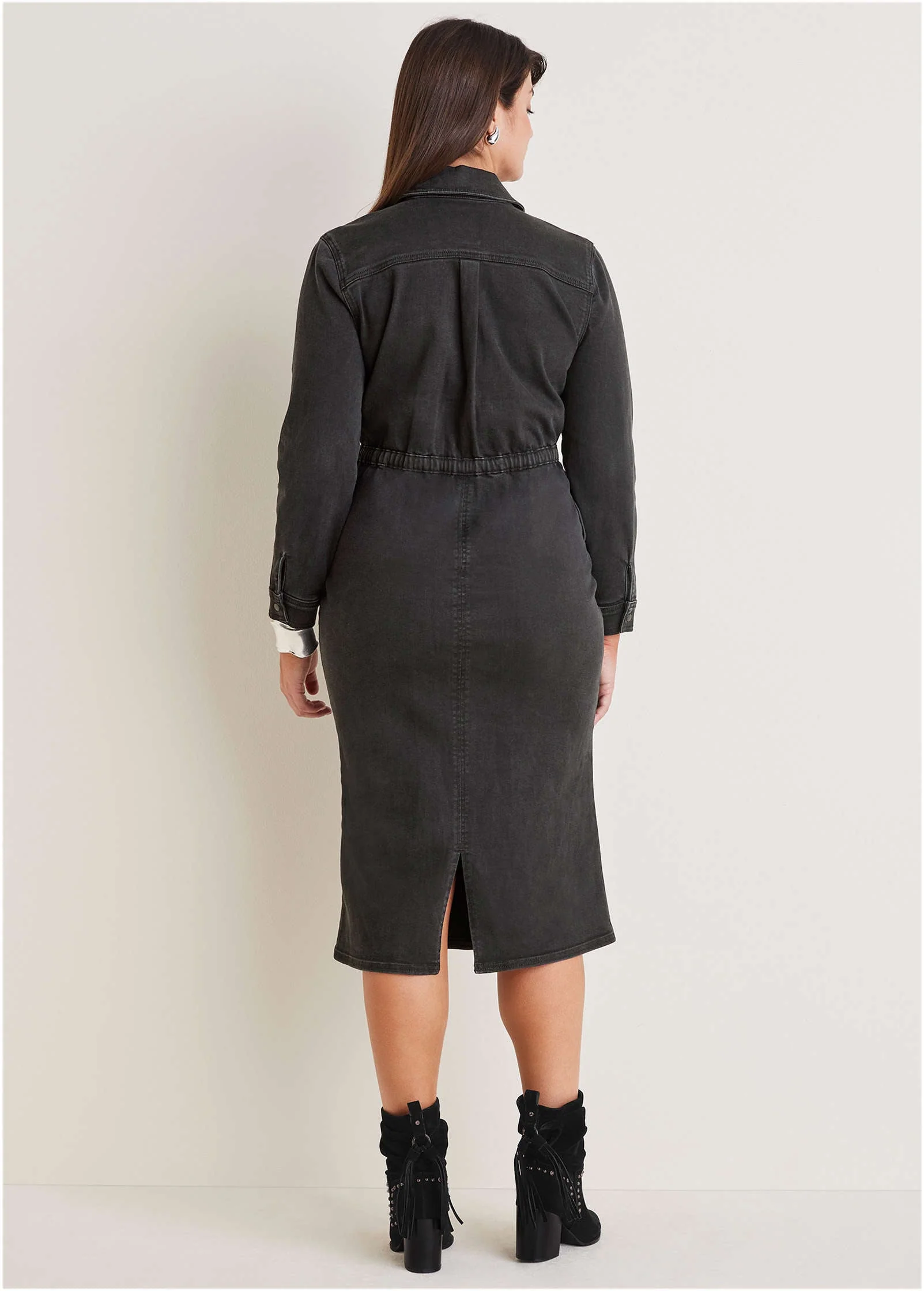 Ruffle Denim Midi Dress - Black Wash - Image 7