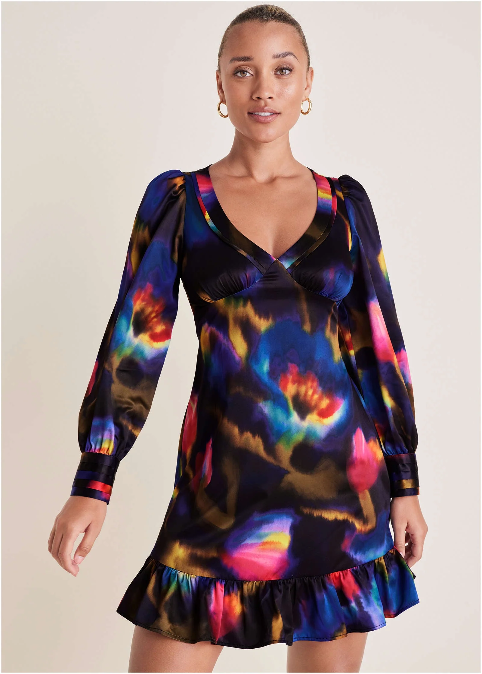 Long Sleeve Mini Dress - Watercolor Bouquet - Image 3