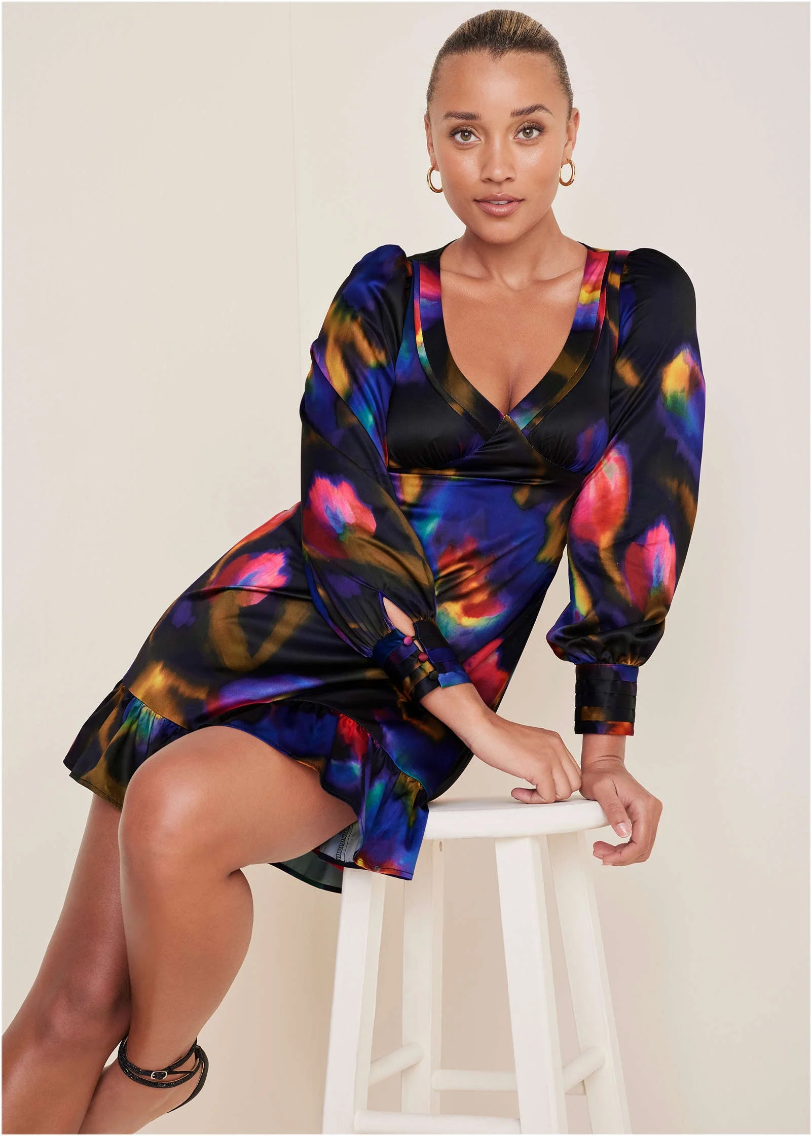 Long Sleeve Mini Dress - Watercolor Bouquet - Image 4