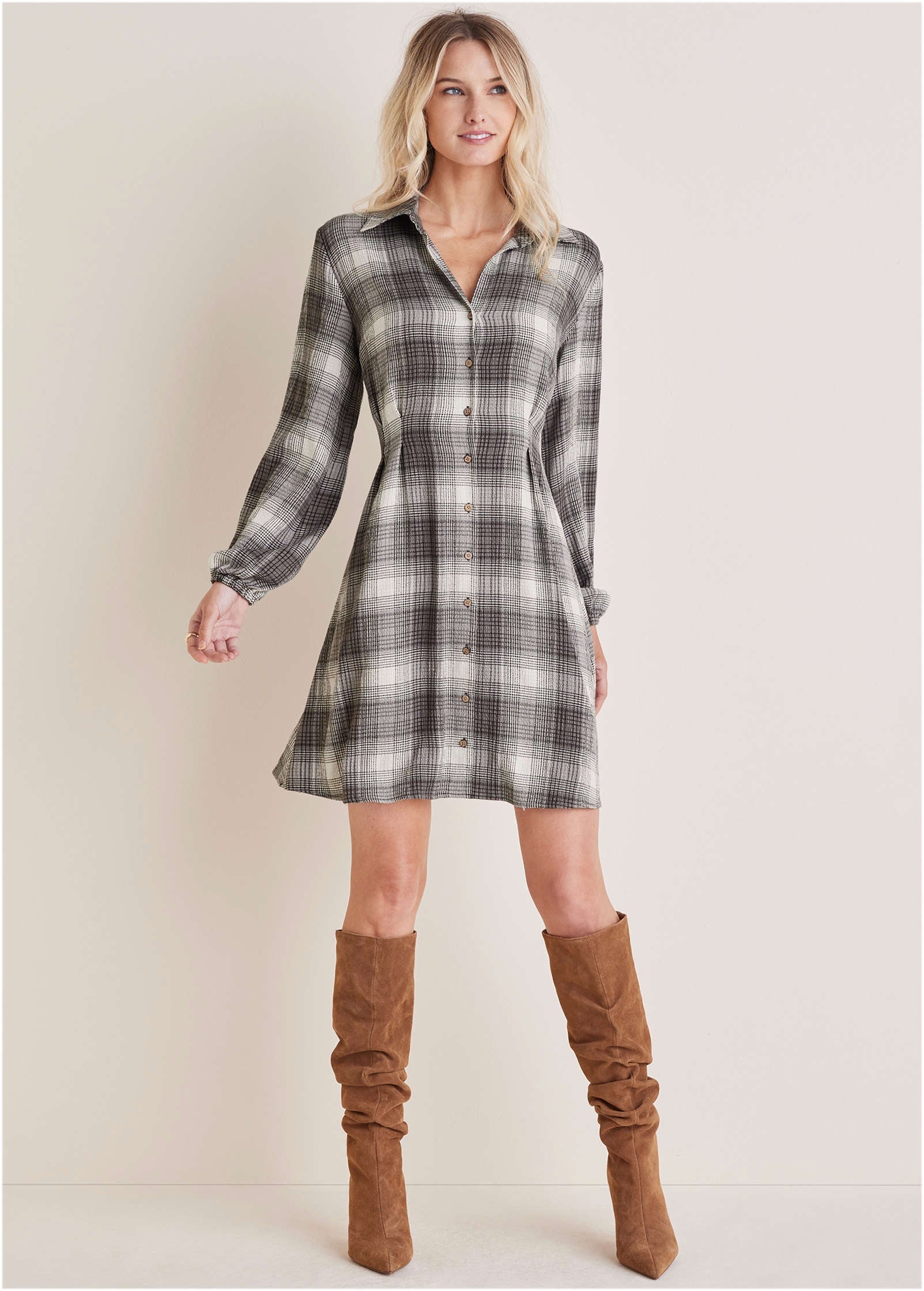 Brushed Plaid Dress - White & Black - Image 2
