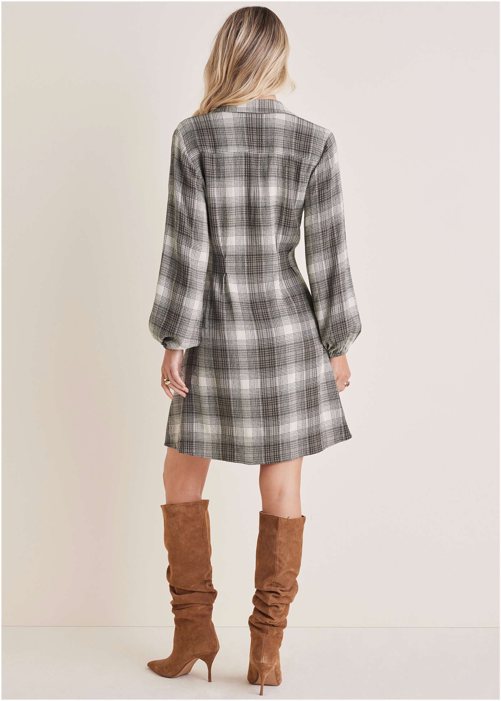 Brushed Plaid Dress - White & Black - Image 3