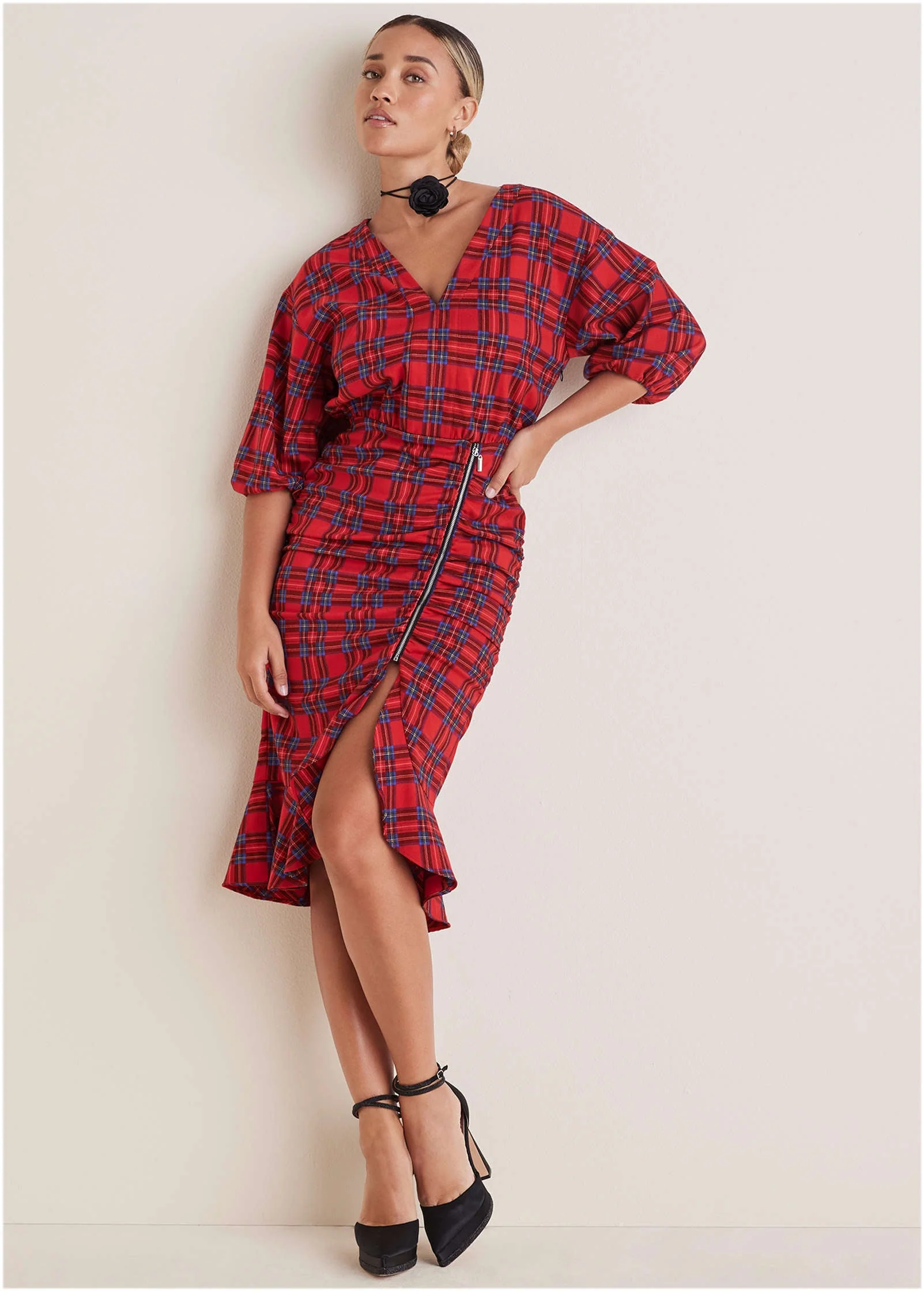 Ruffled Midi Dress - Racing Red Multi - Image 4