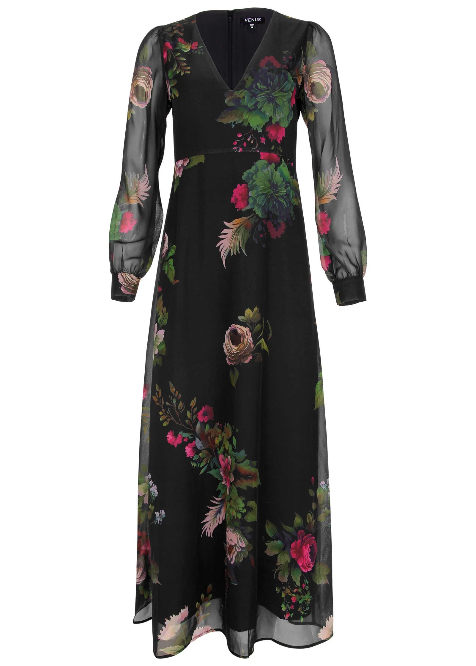 V-Neck Floral Maxi Dress - Black Multi - Image 3