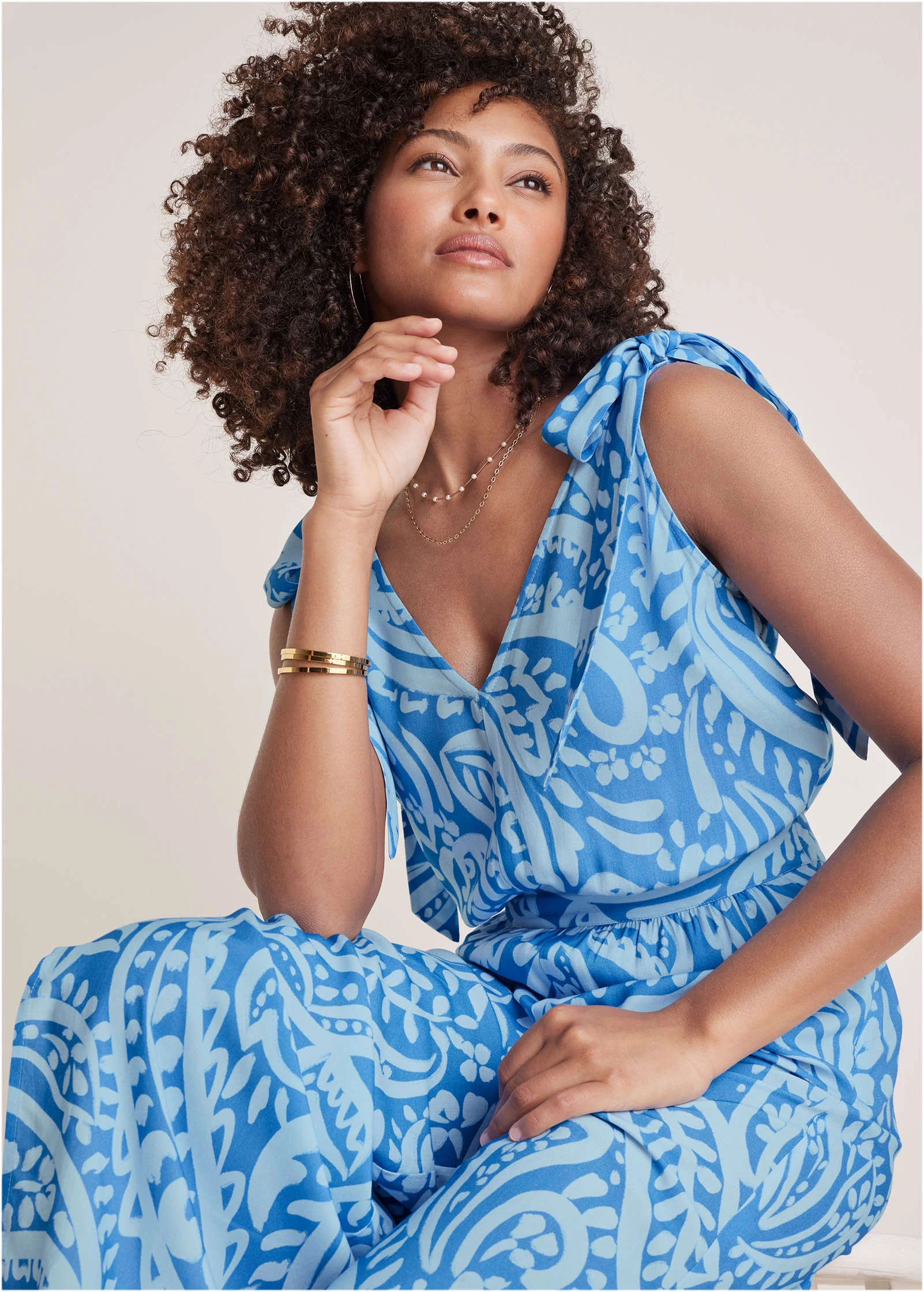 Tie-Strap Wide Leg Jumpsuit - Blue Allover Spring Paisley
