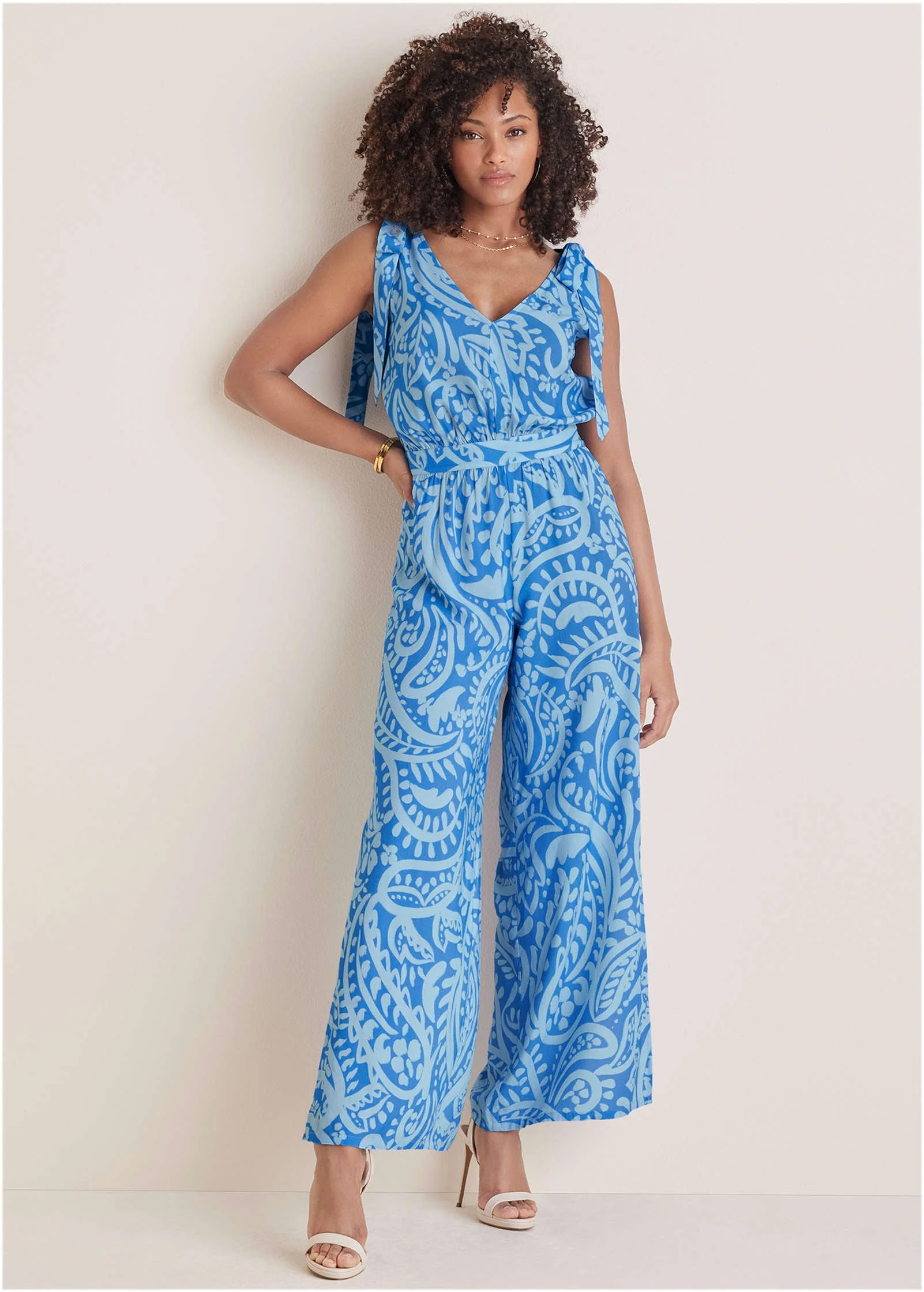 Tie-Strap Wide Leg Jumpsuit - Blue Allover Spring Paisley - Image 2