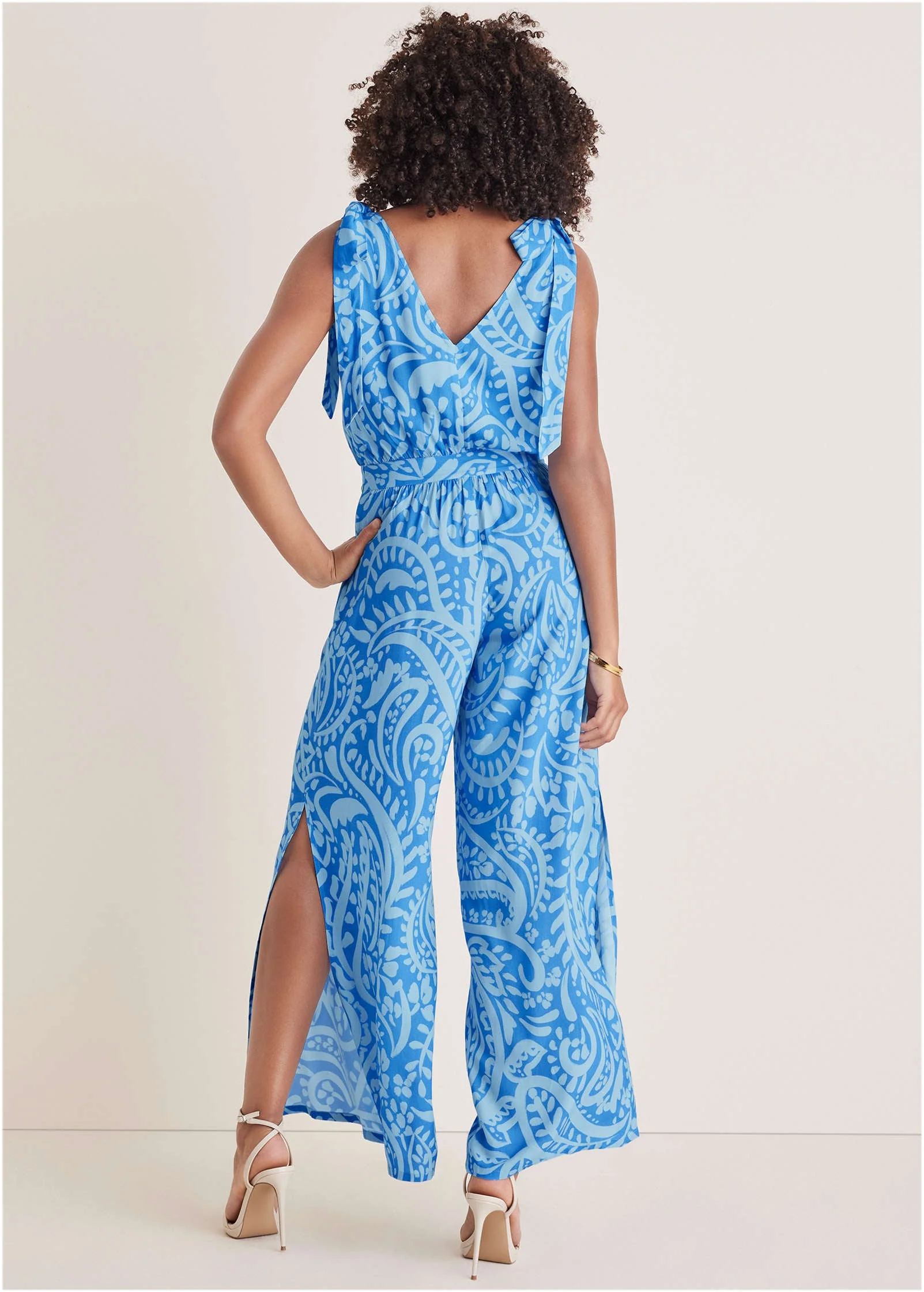Tie-Strap Wide Leg Jumpsuit - Blue Allover Spring Paisley - Image 3