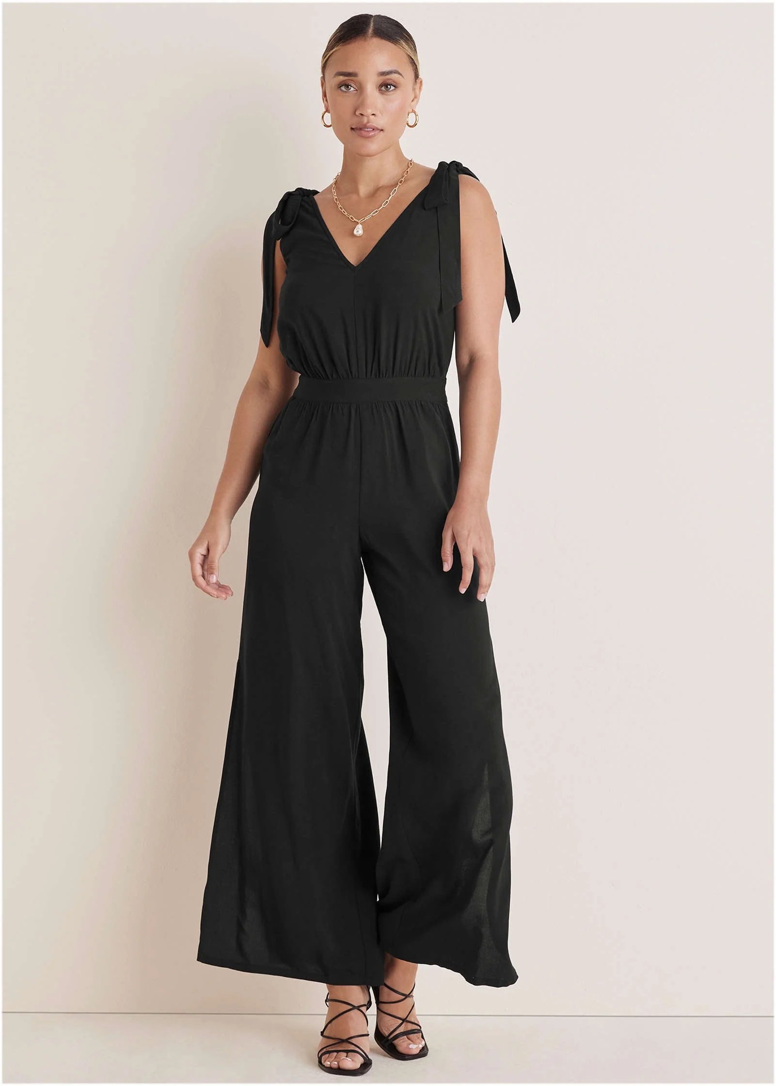 Tie-Strap Wide Leg Jumpsuit - Jet Black - Image 2