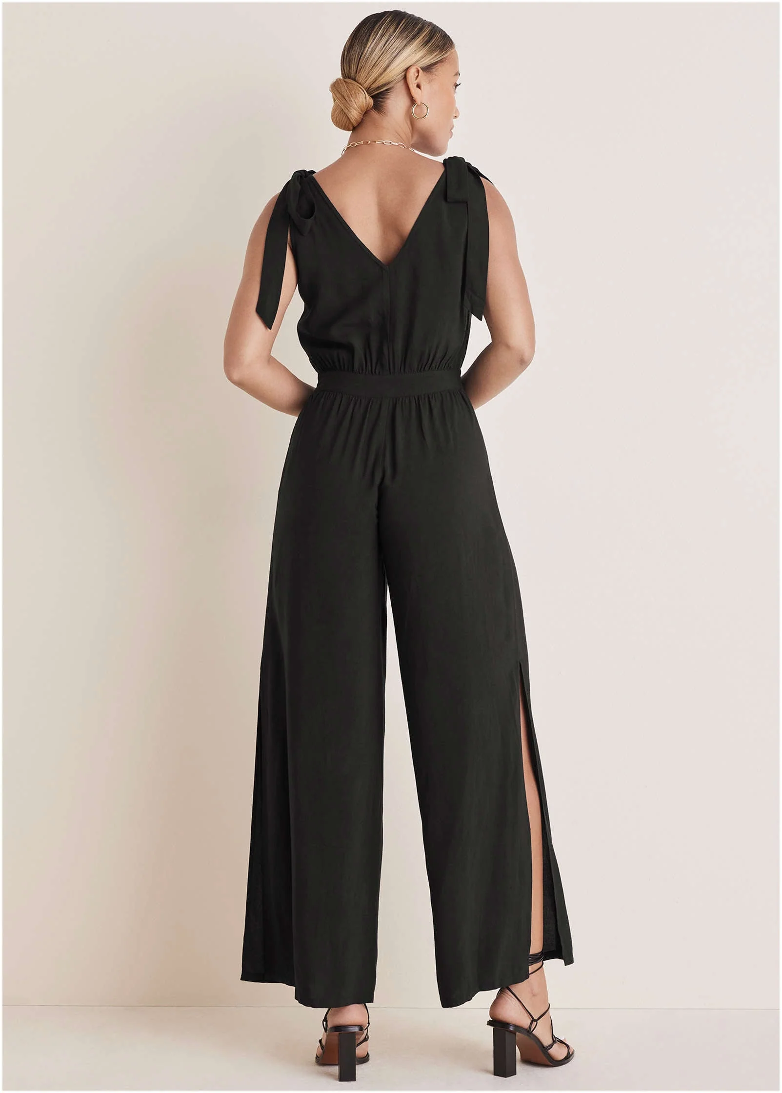 Tie-Strap Wide Leg Jumpsuit - Jet Black - Image 3