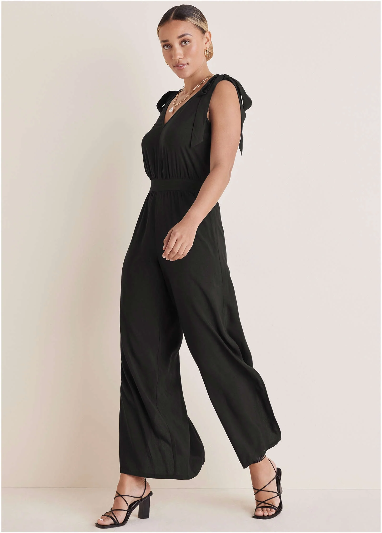 Tie-Strap Wide Leg Jumpsuit - Jet Black - Image 4