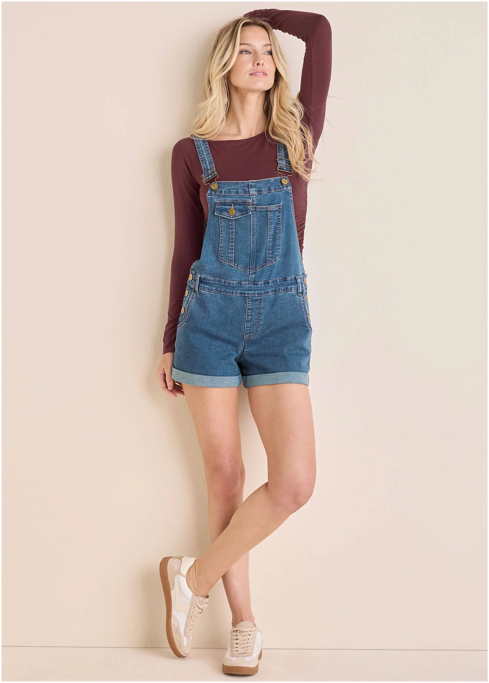 V-Back Denim Overalls - Medium Wash