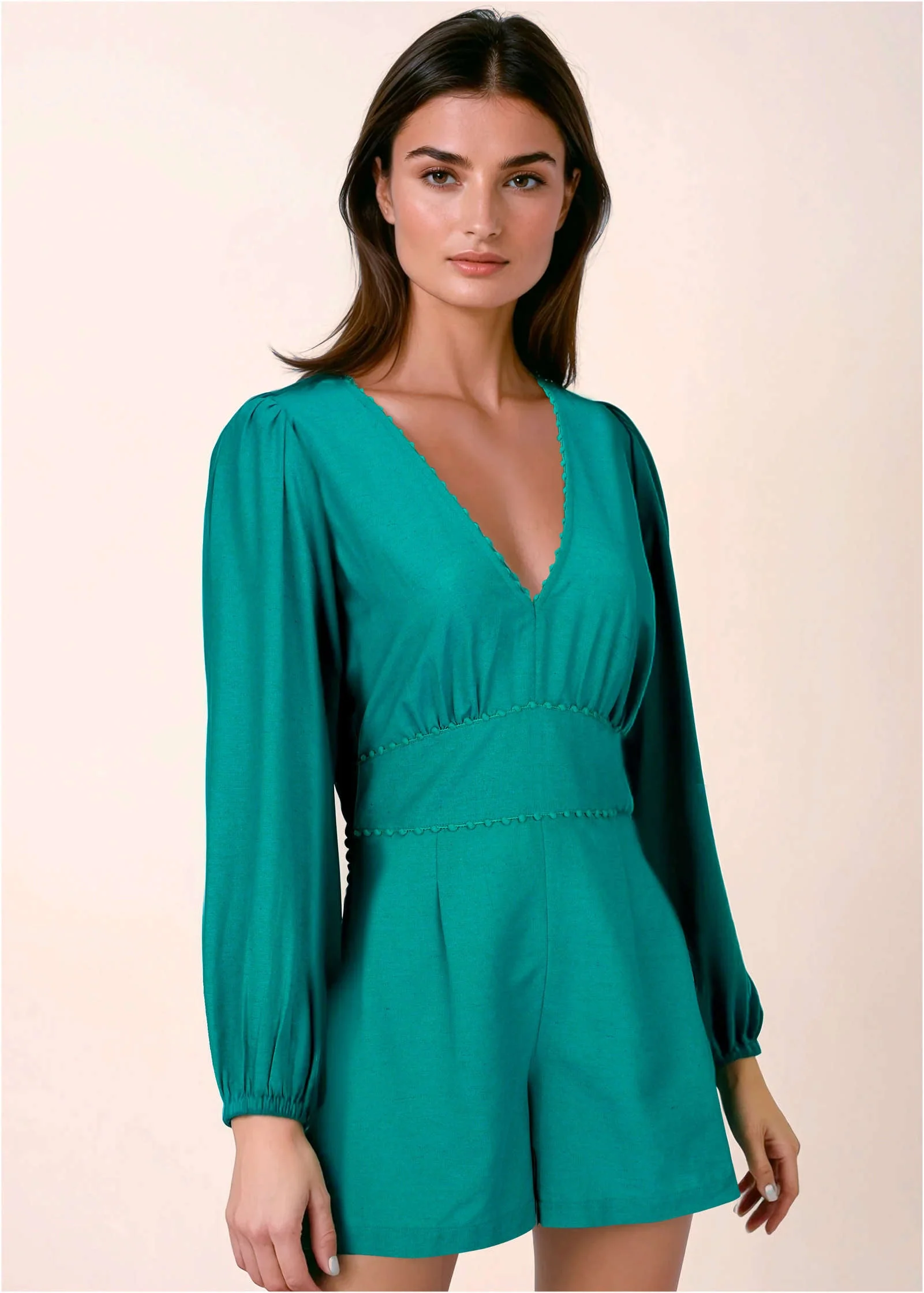 Linen Balloon Sleeve Romper - Tropical Green
