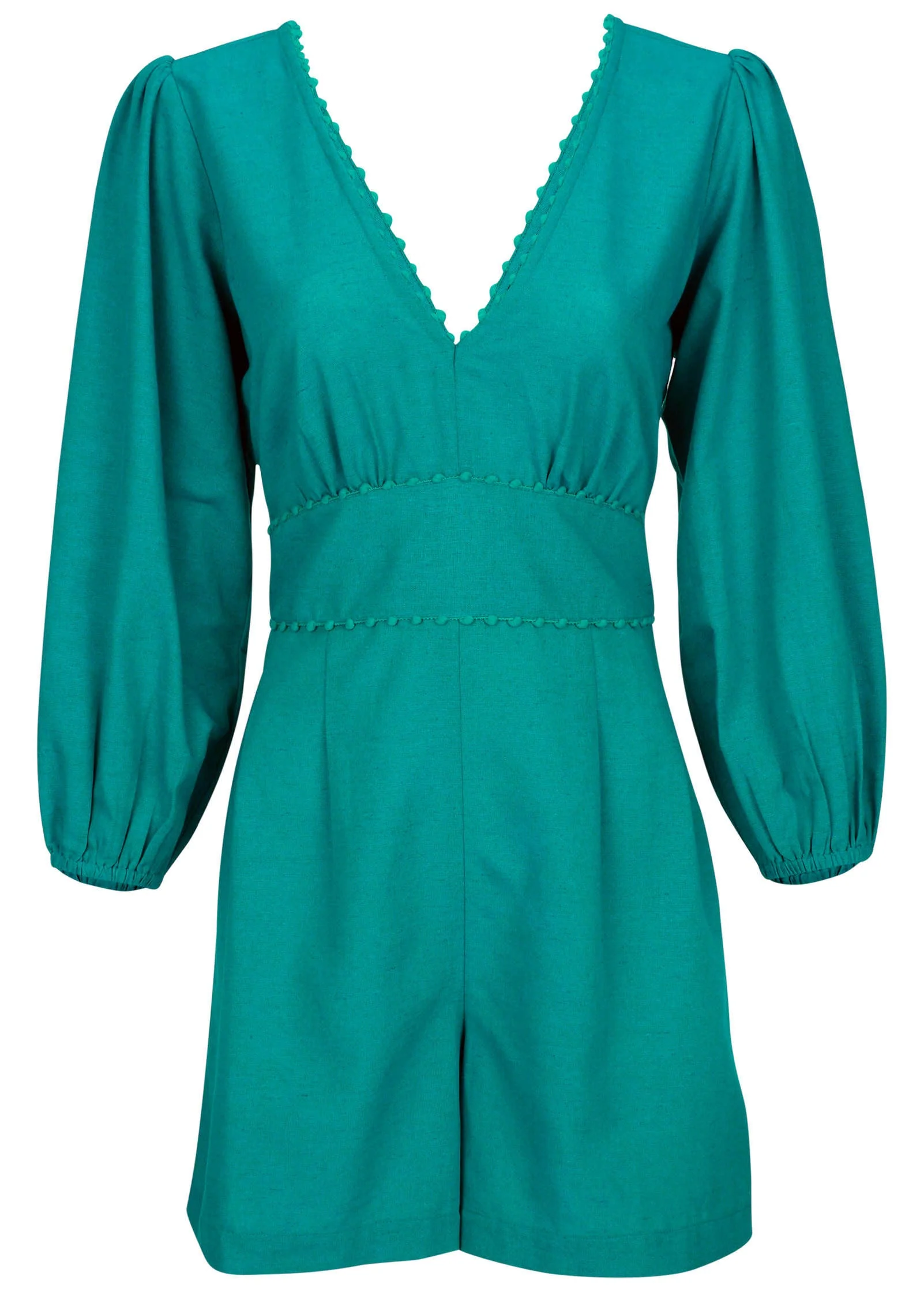 Linen Balloon Sleeve Romper - Tropical Green - Image 2