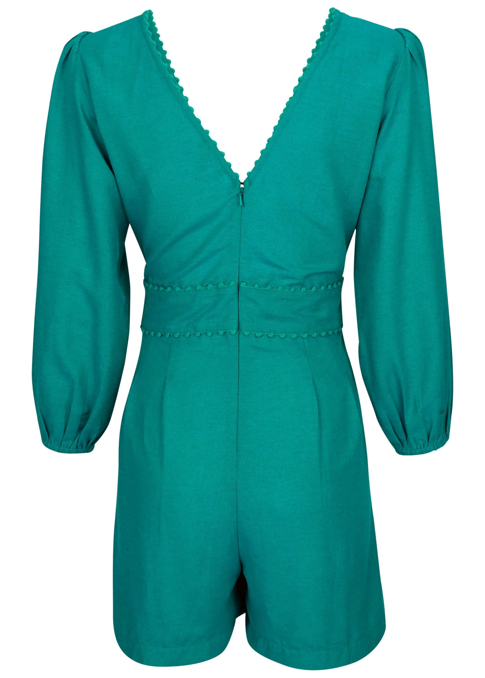 Linen Balloon Sleeve Romper - Tropical Green - Image 3