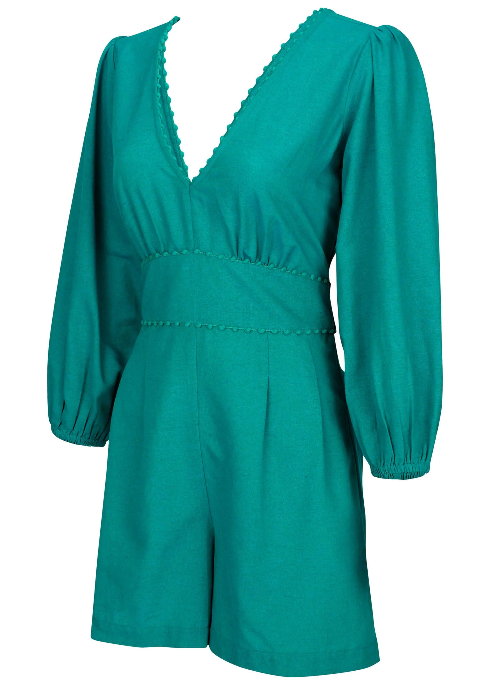 Linen Balloon Sleeve Romper - Tropical Green - Image 4