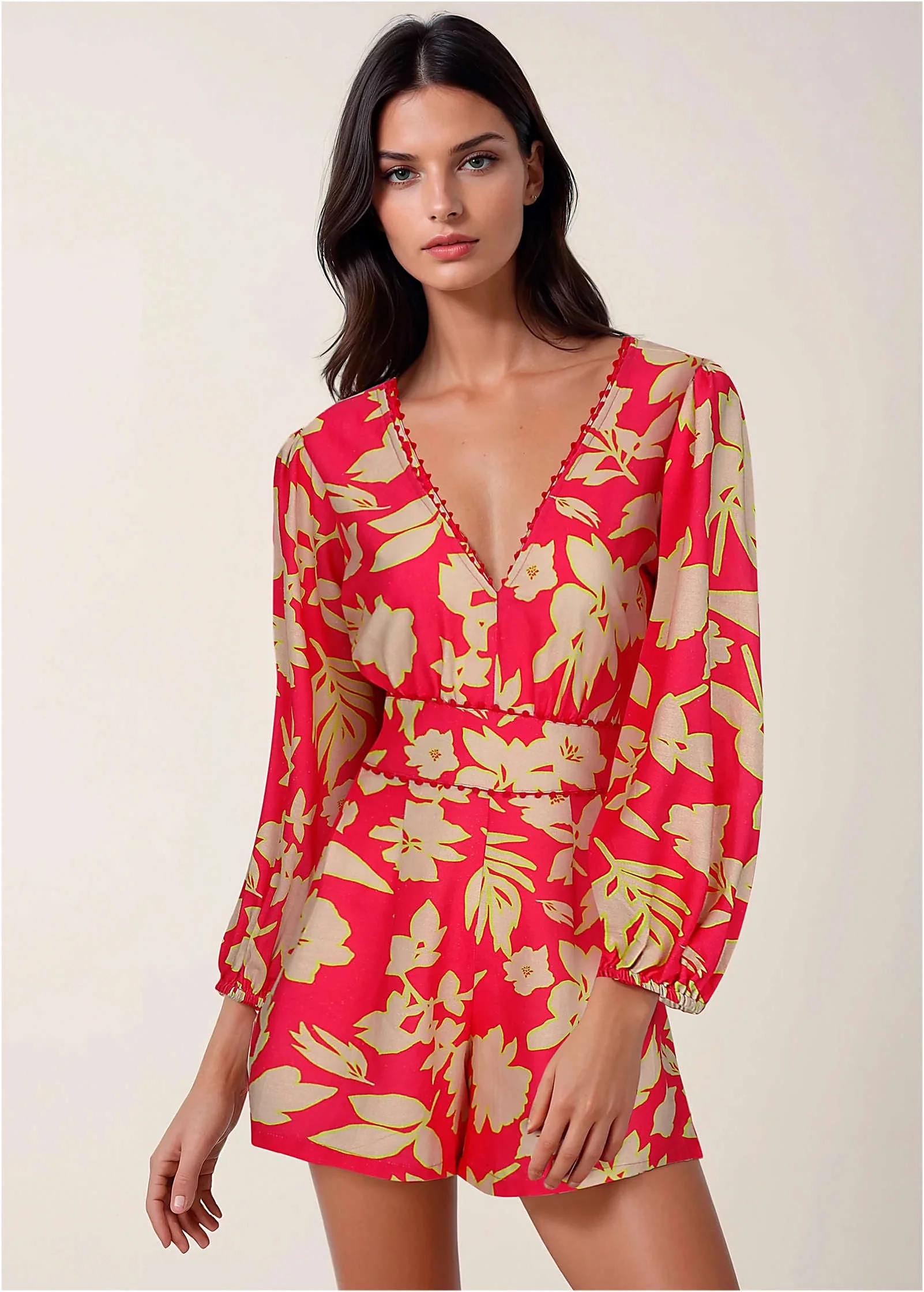 Linen Balloon Sleeve Romper - Warm Block Floral