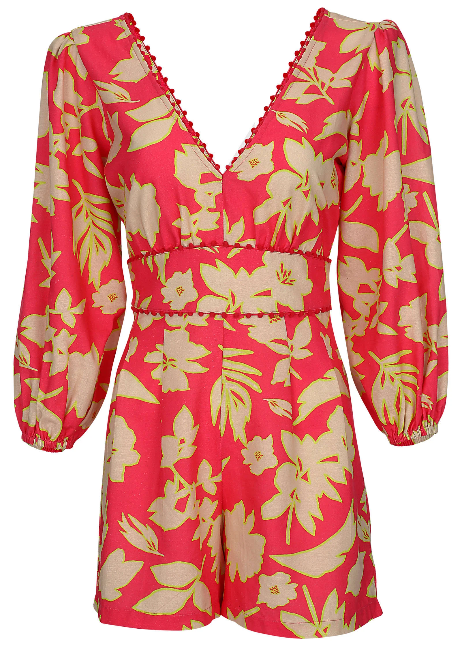 Linen Balloon Sleeve Romper - Warm Block Floral - Image 2