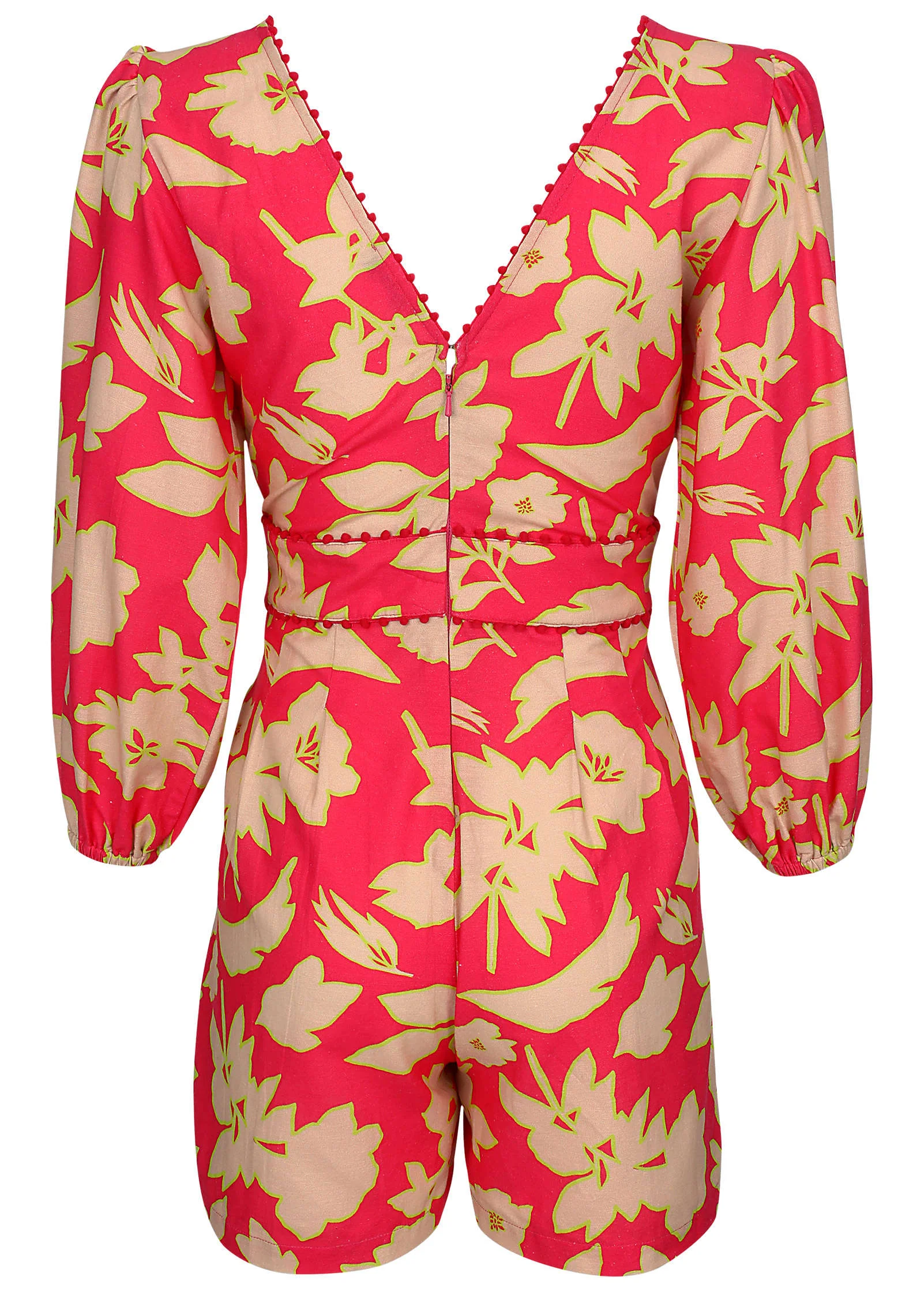 Linen Balloon Sleeve Romper - Warm Block Floral - Image 3