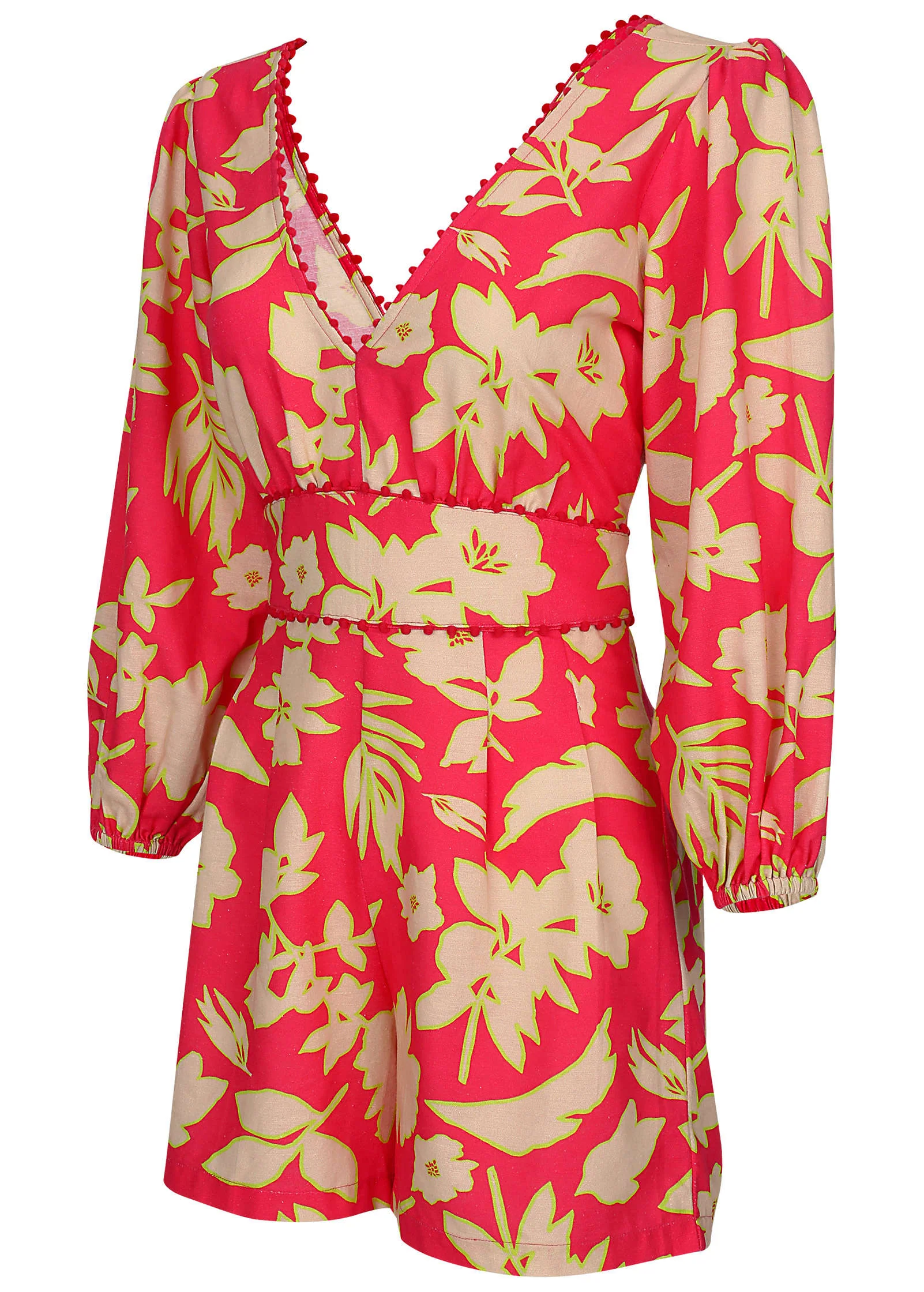 Linen Balloon Sleeve Romper - Warm Block Floral - Image 4