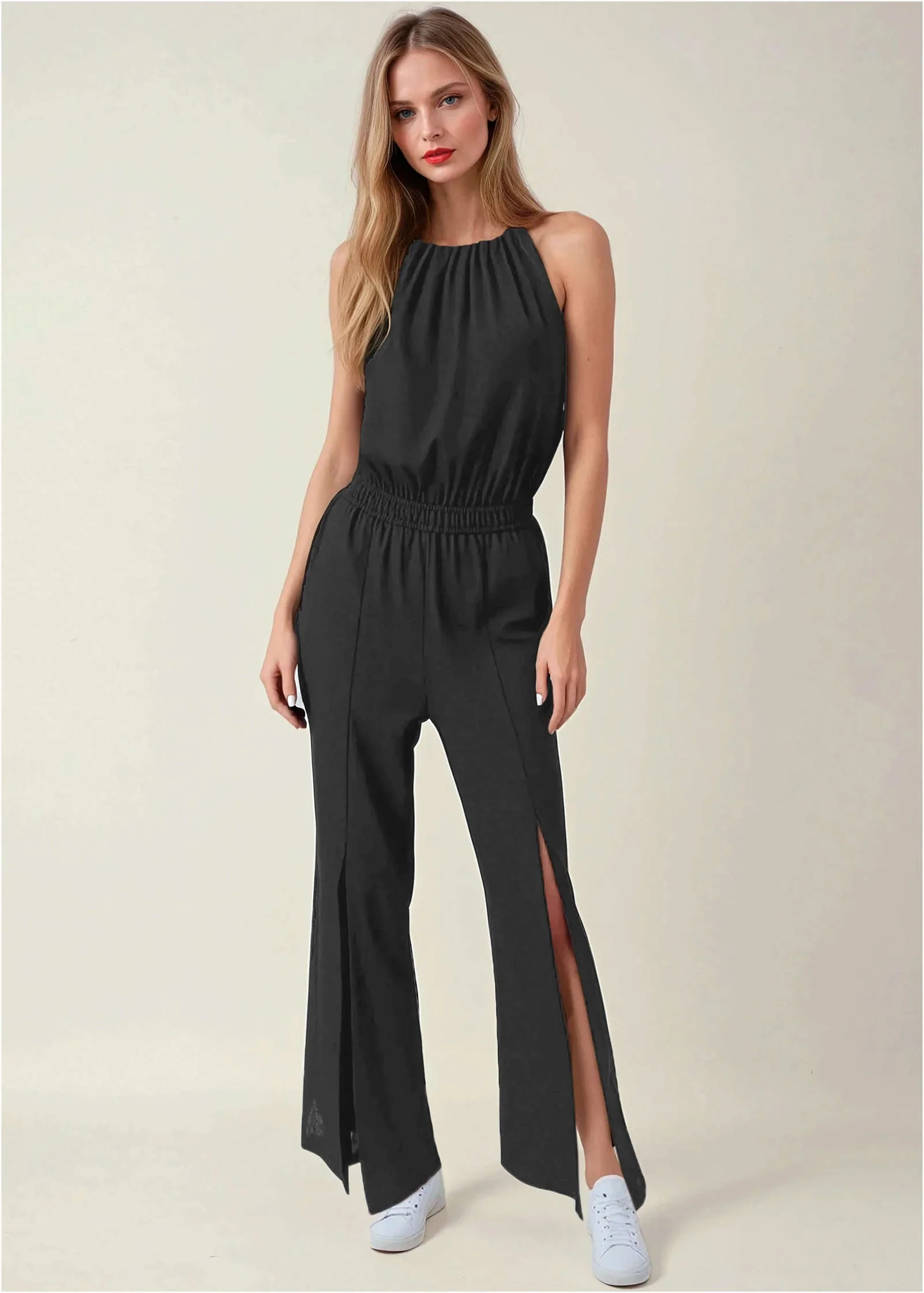 Linen Front Slit Jumpsuit - Jet Black