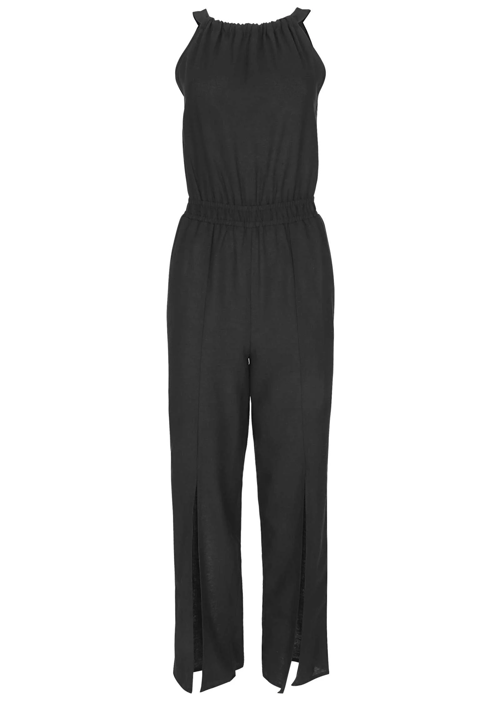 Linen Front Slit Jumpsuit - Jet Black - Image 2