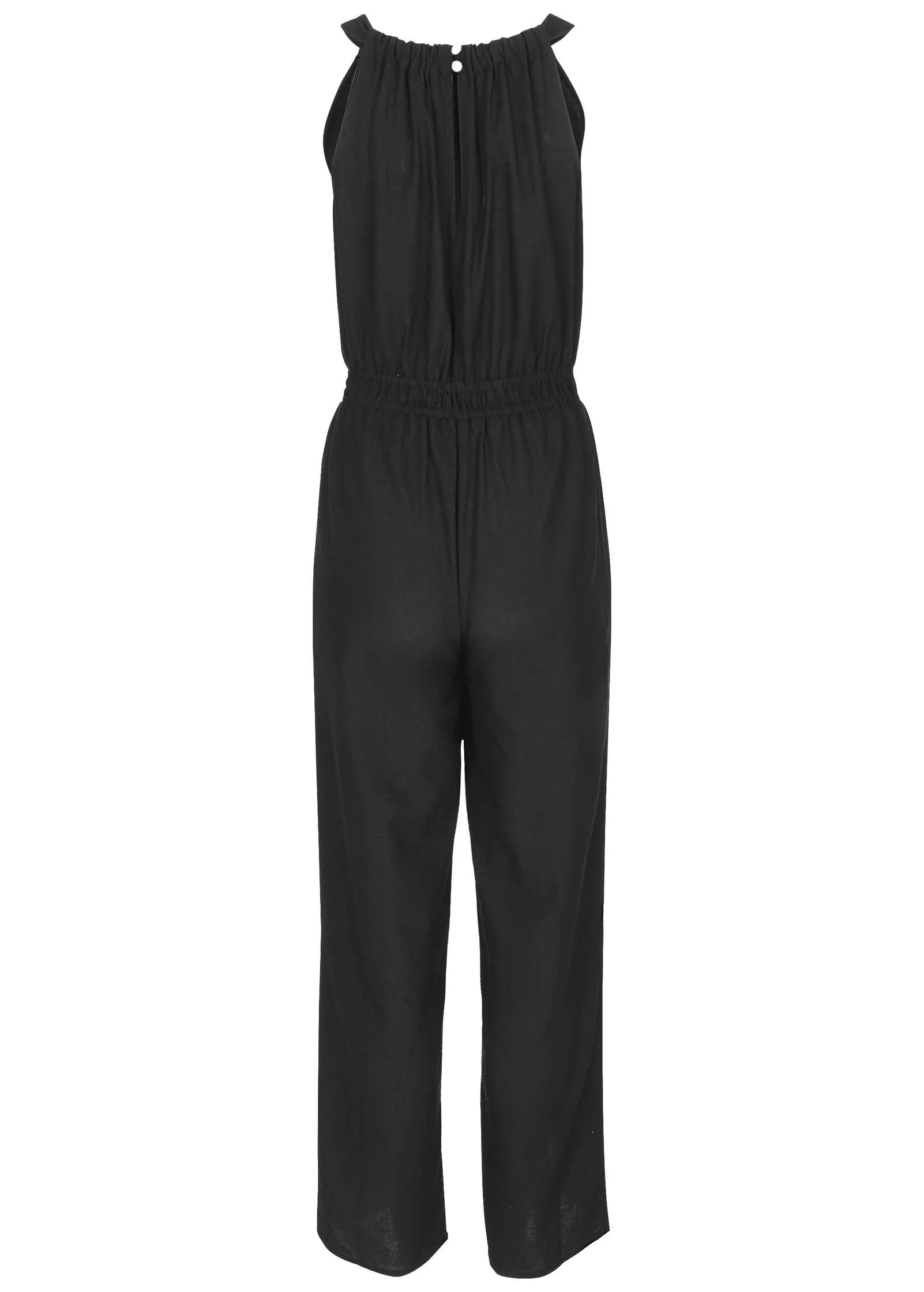 Linen Front Slit Jumpsuit - Jet Black - Image 3