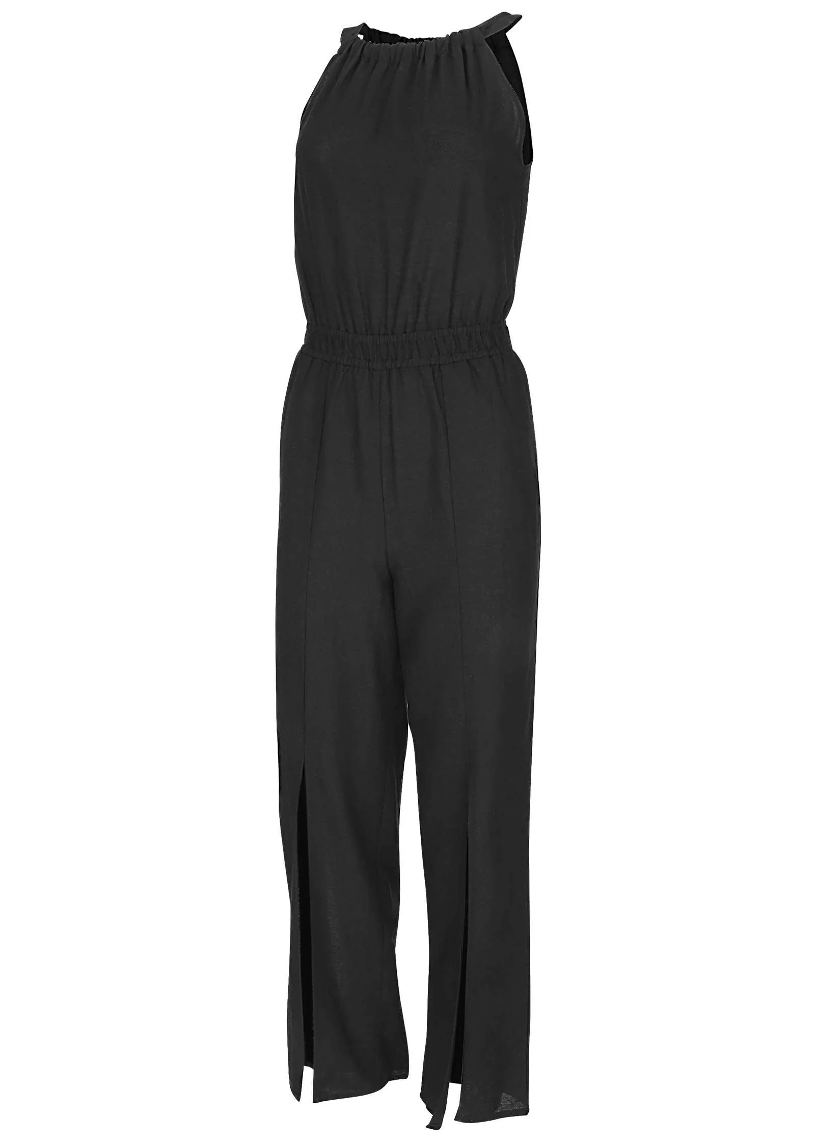 Linen Front Slit Jumpsuit - Jet Black - Image 4
