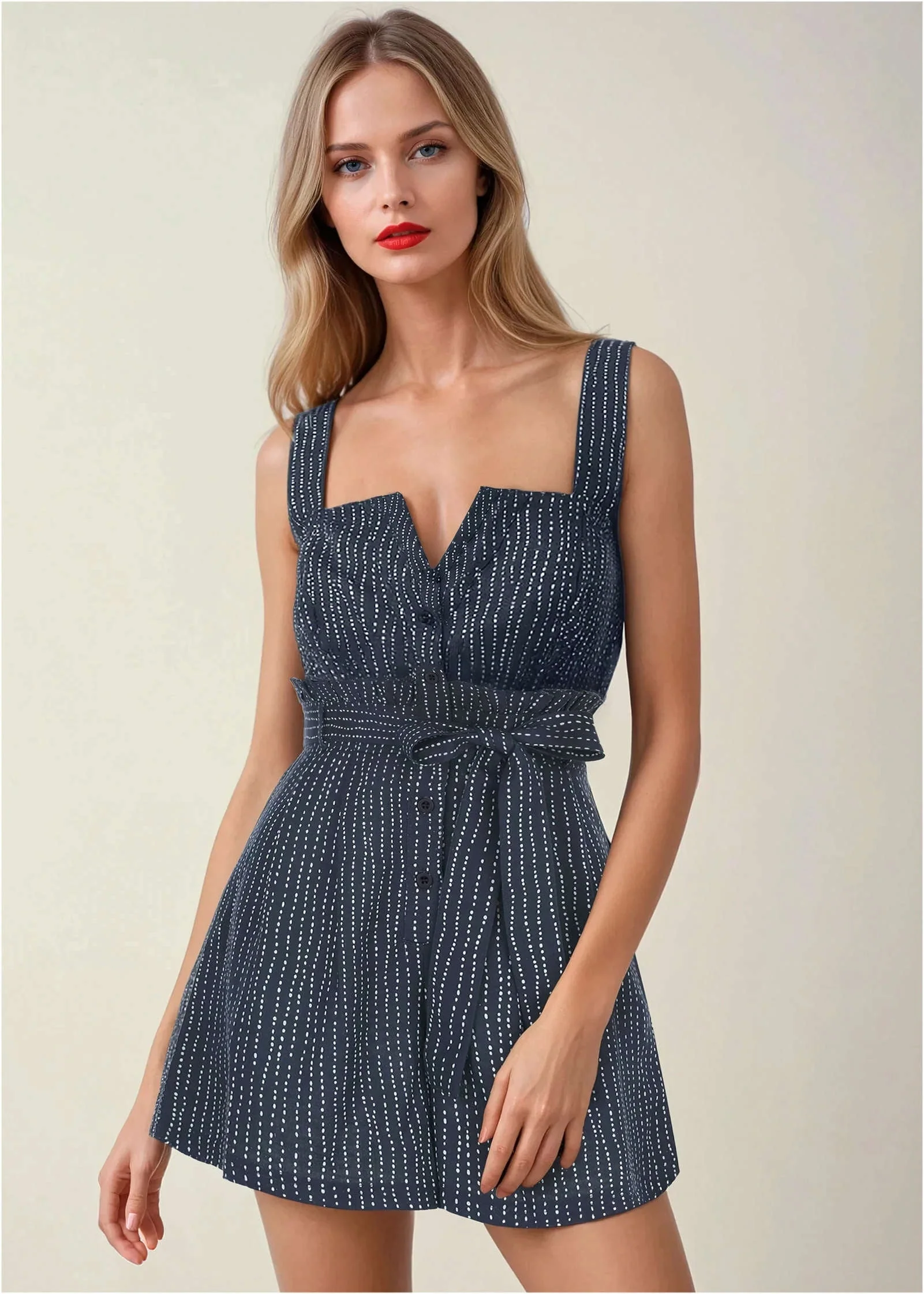 Casual Linen Romper - Navy Dot Stripe - Image 2