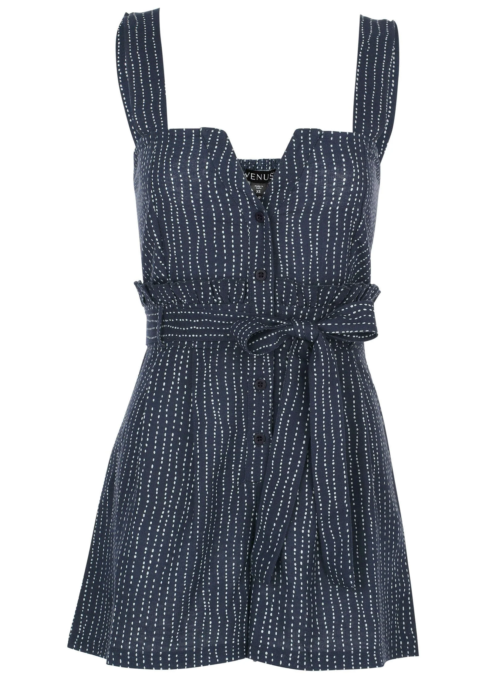 Casual Linen Romper - Navy Dot Stripe - Image 3