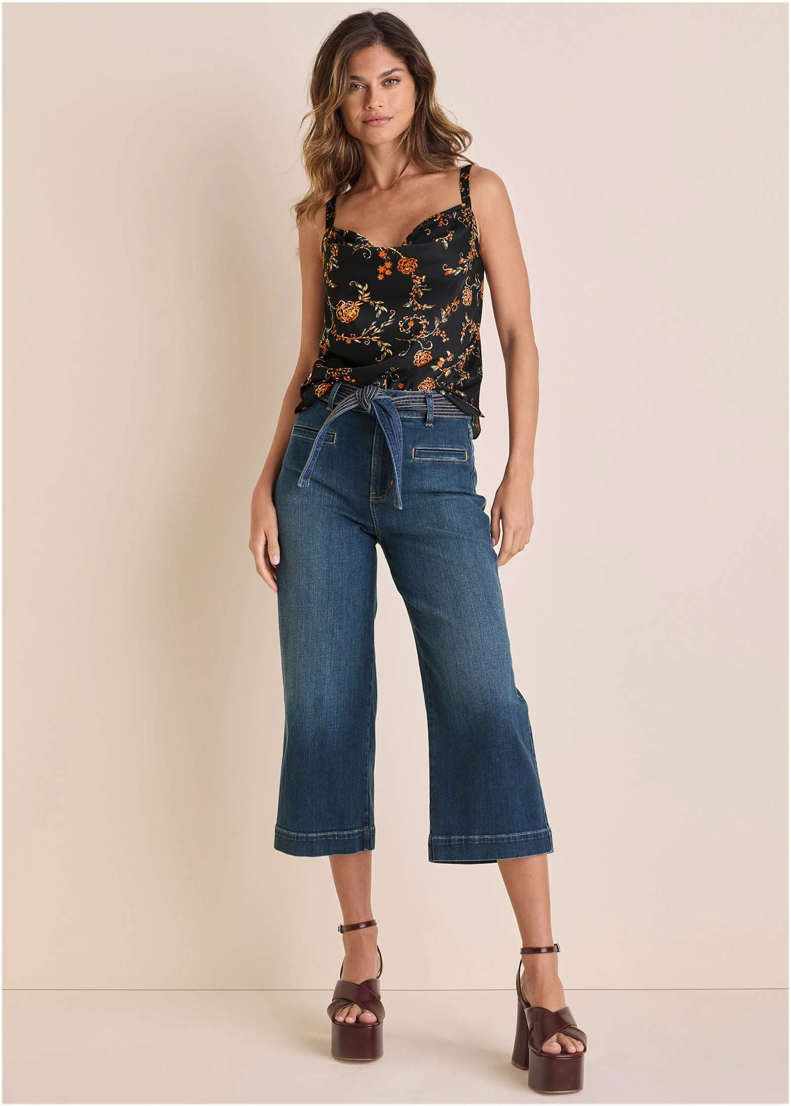 Belted Wide Leg Crop Jean - Dark Wash - Image 2