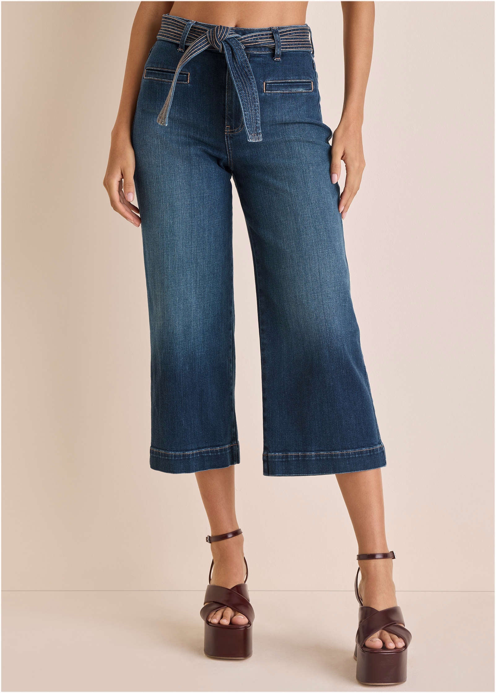 Belted Wide Leg Crop Jean - Dark Wash - Image 3