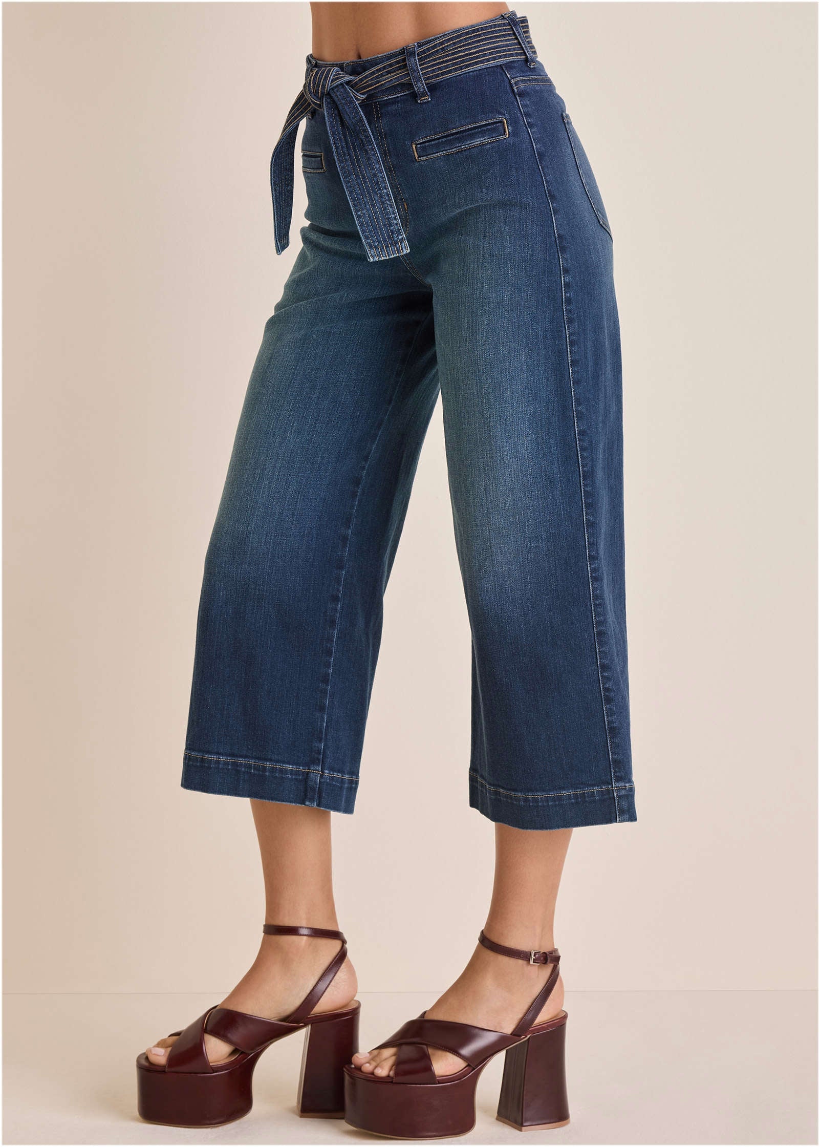 Belted Wide Leg Crop Jean - Dark Wash - Image 5