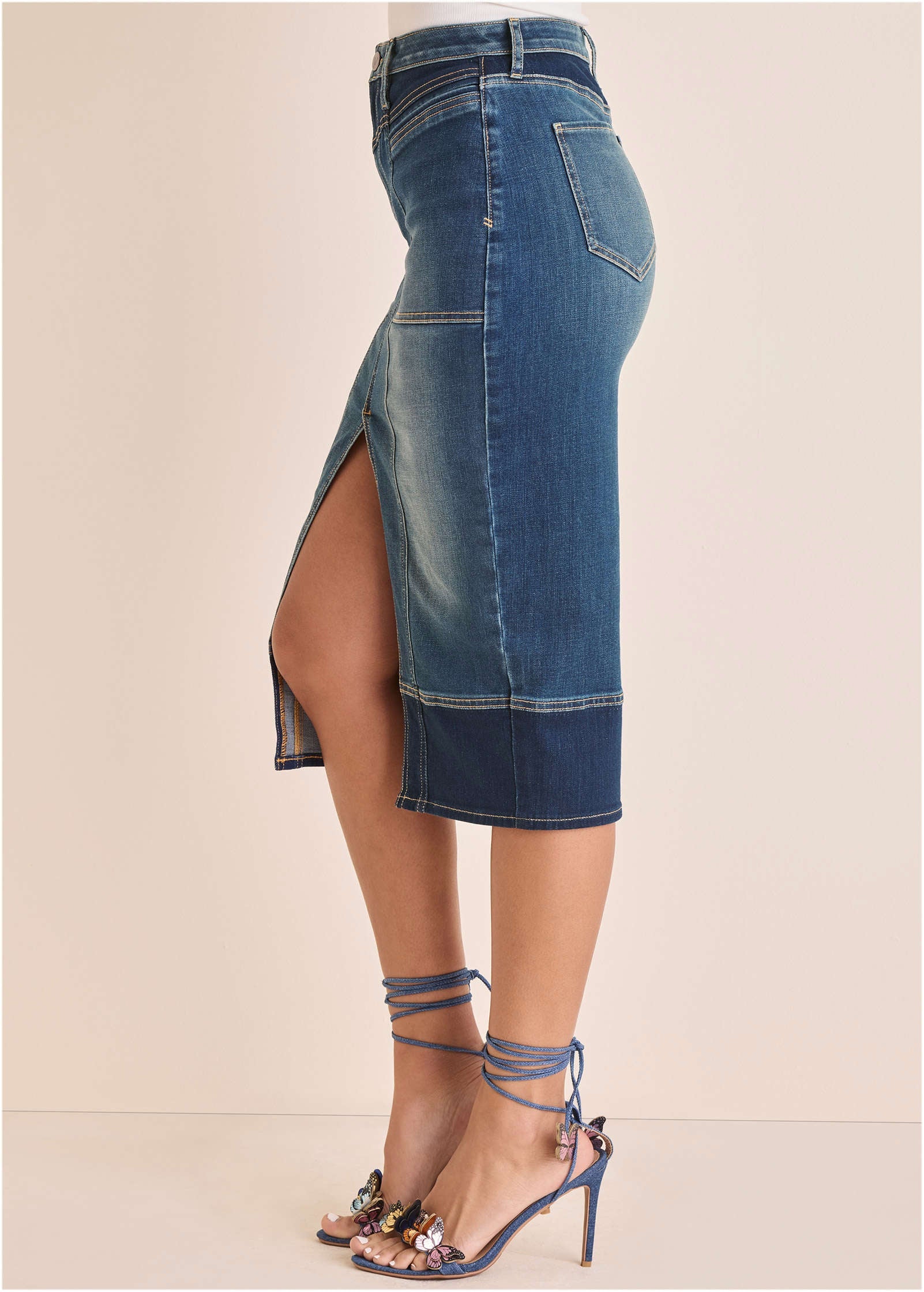 Denim Midi Skirt - Medium & Dark Wash - Image 4