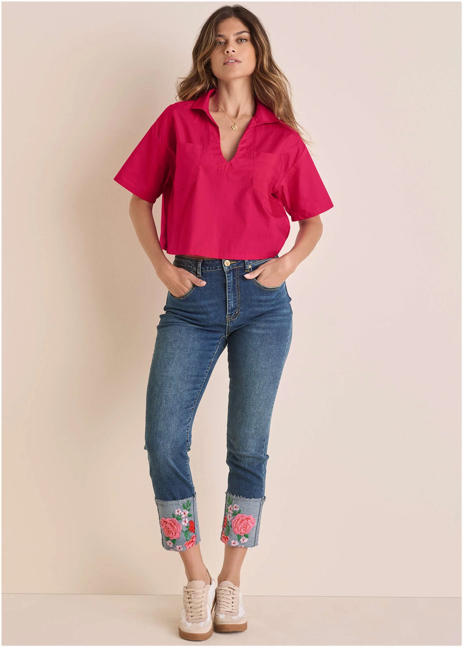 Embroidered Crop Jean - Medium Wash