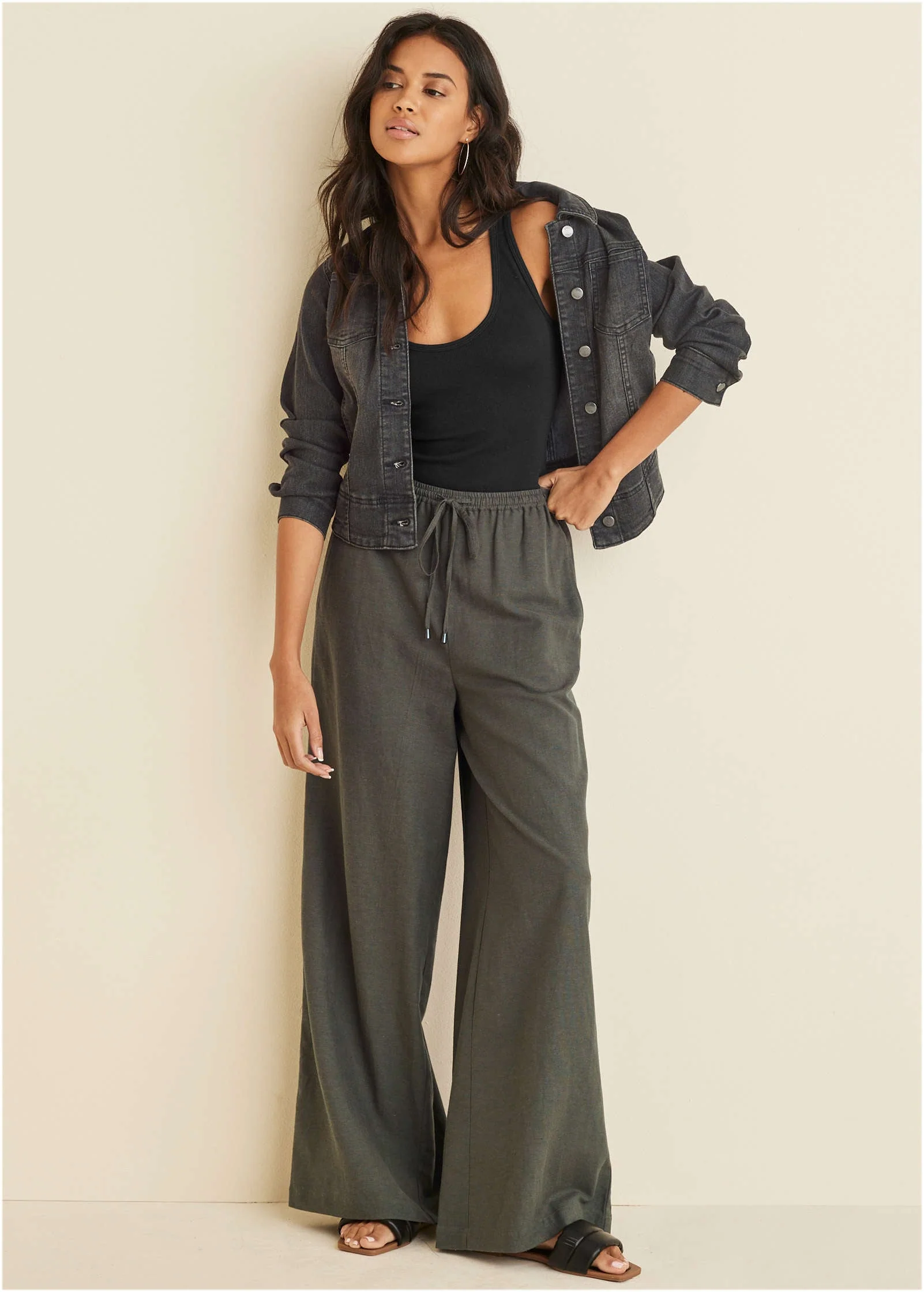 Linen Wide Leg Pant - Olive