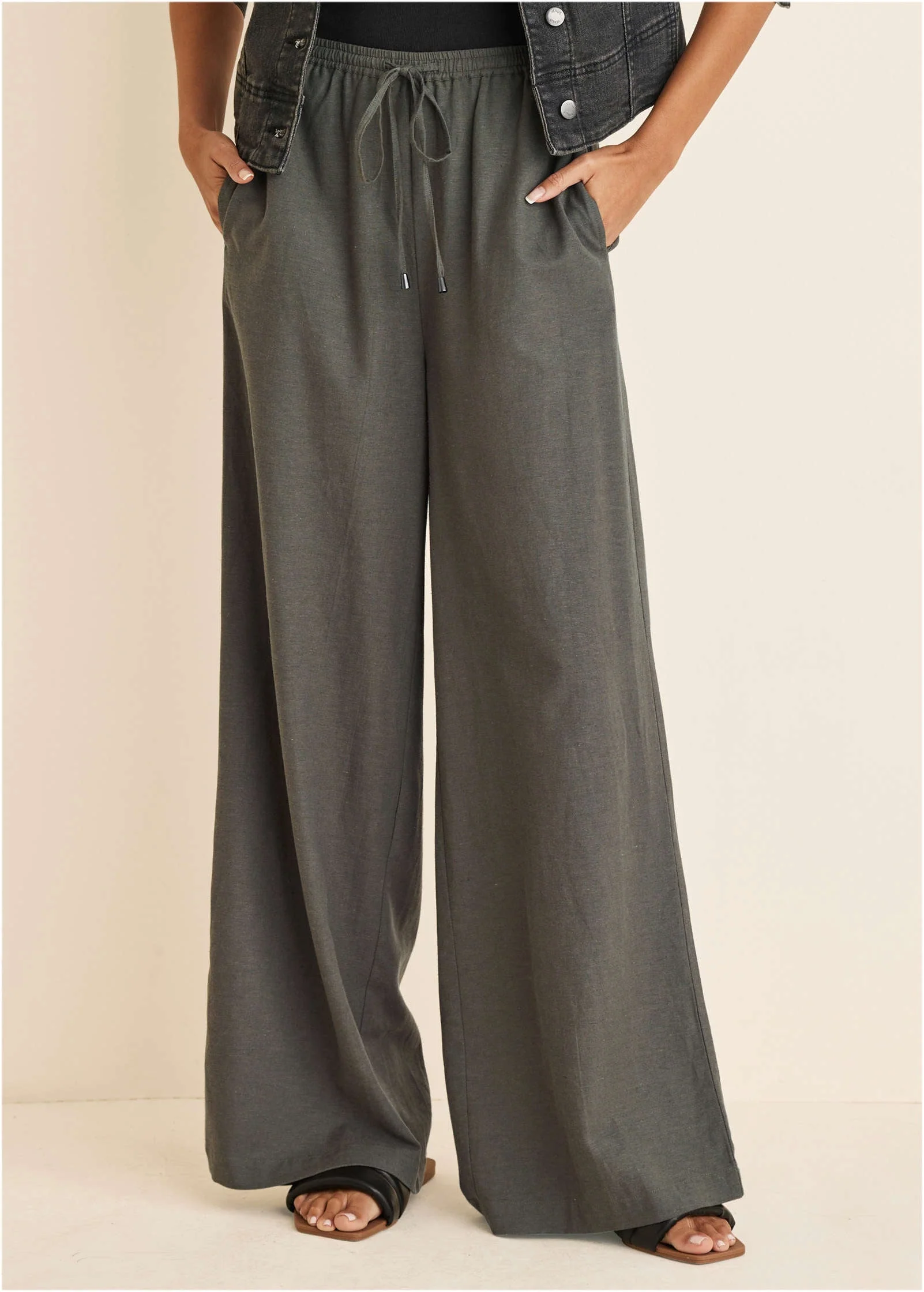 Linen Wide Leg Pant - Olive - Image 2
