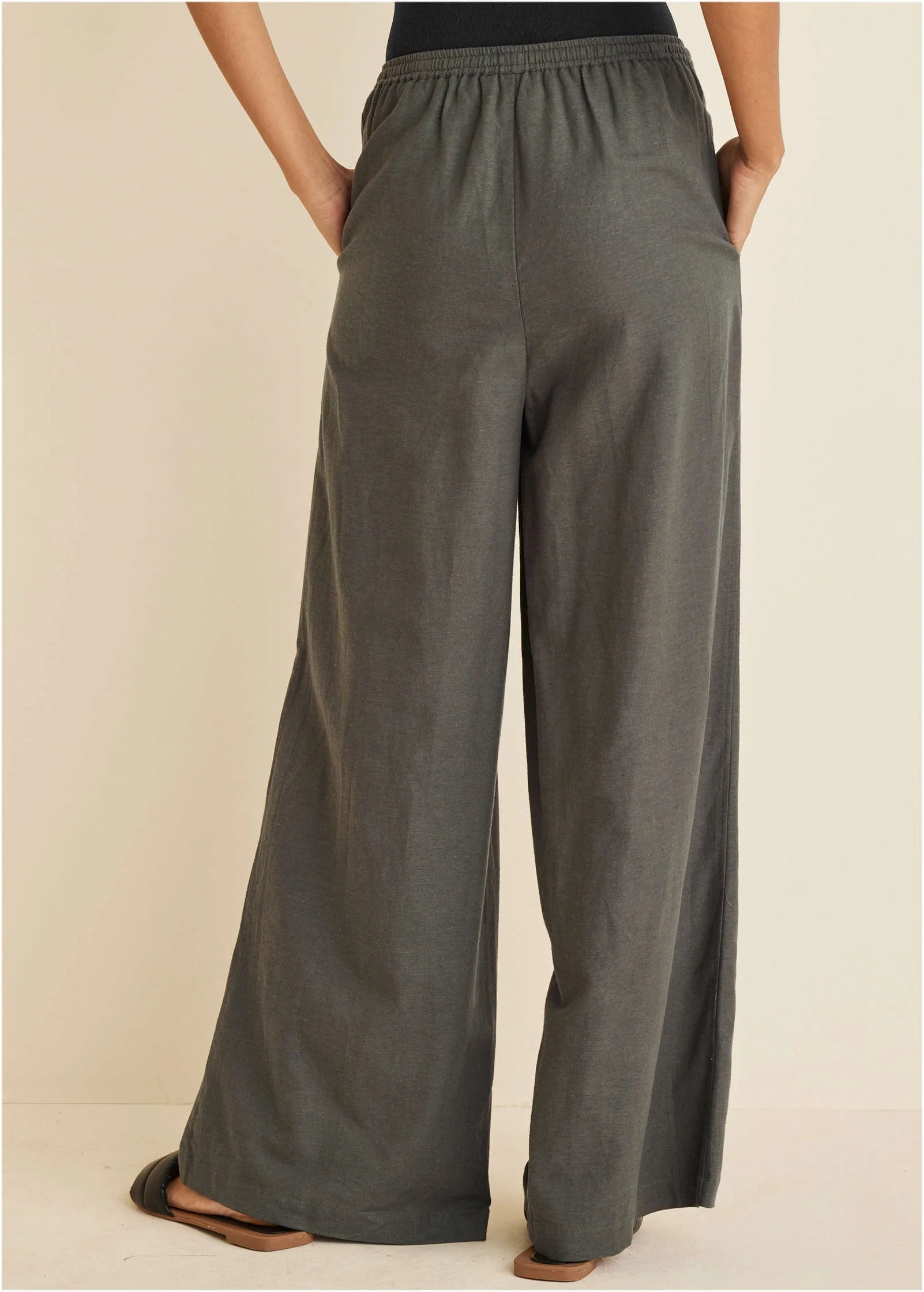 Linen Wide Leg Pant - Olive - Image 3