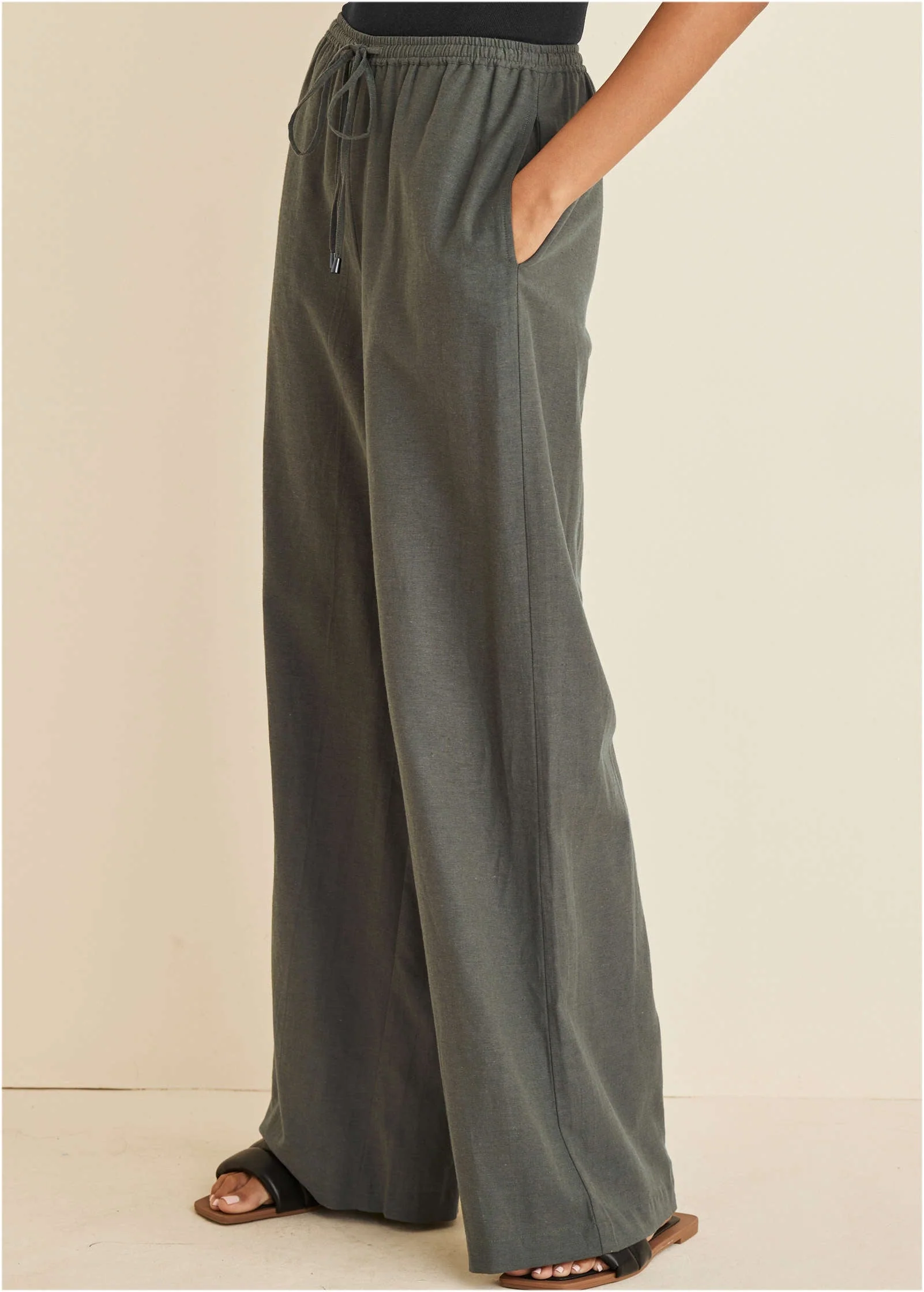 Linen Wide Leg Pant - Olive - Image 4