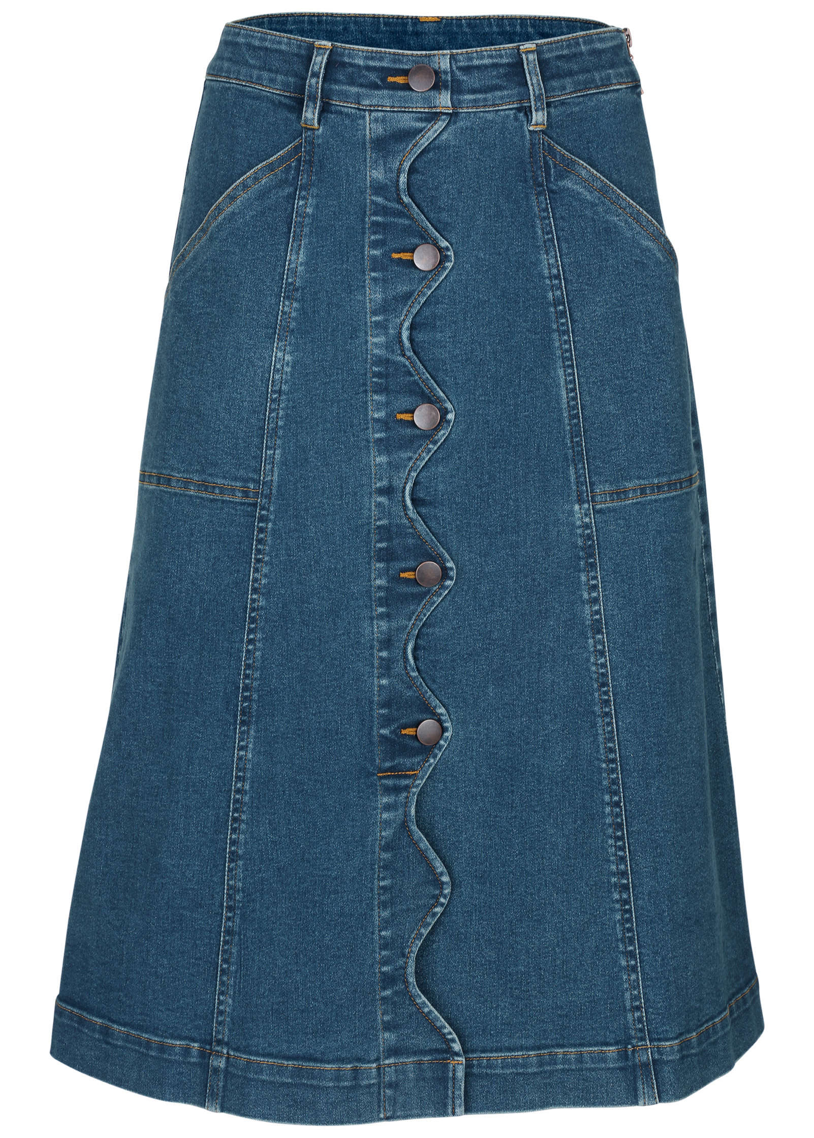 Wavy Denim Midi Skirt - Medium Wash - Image 2