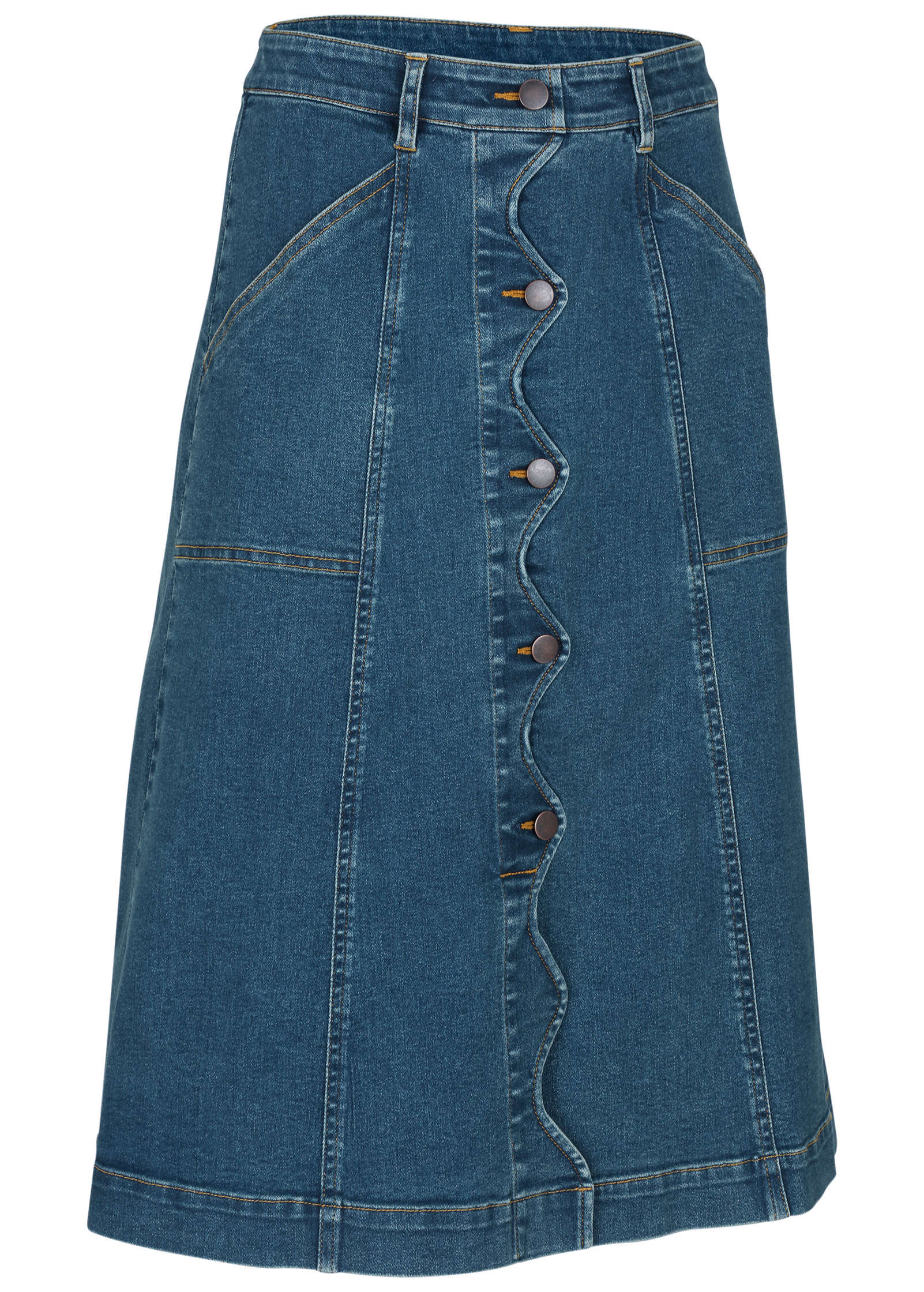 Wavy Denim Midi Skirt - Medium Wash - Image 4
