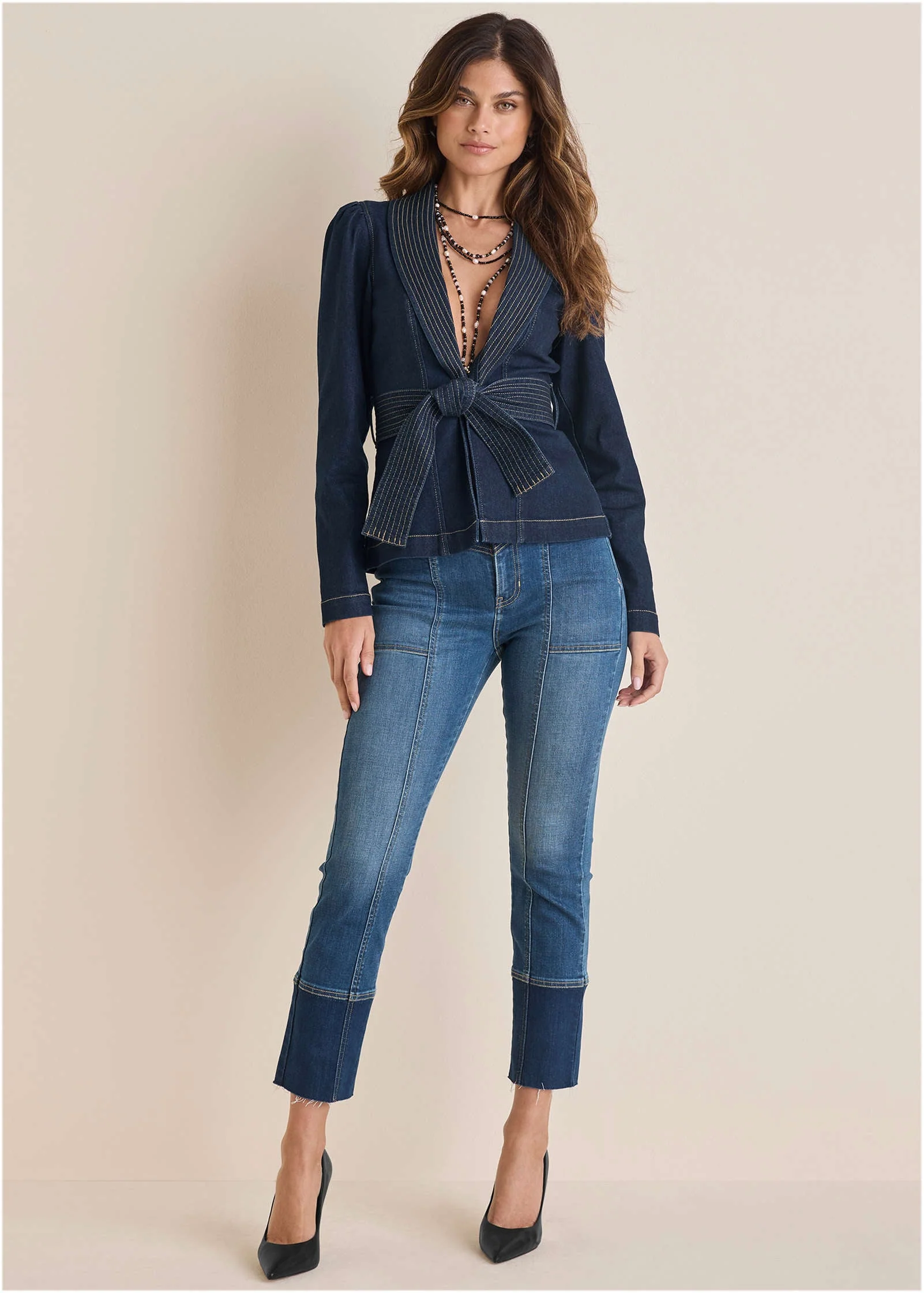 Puff Shoulder Denim Blazer - Dark Wash - Image 3