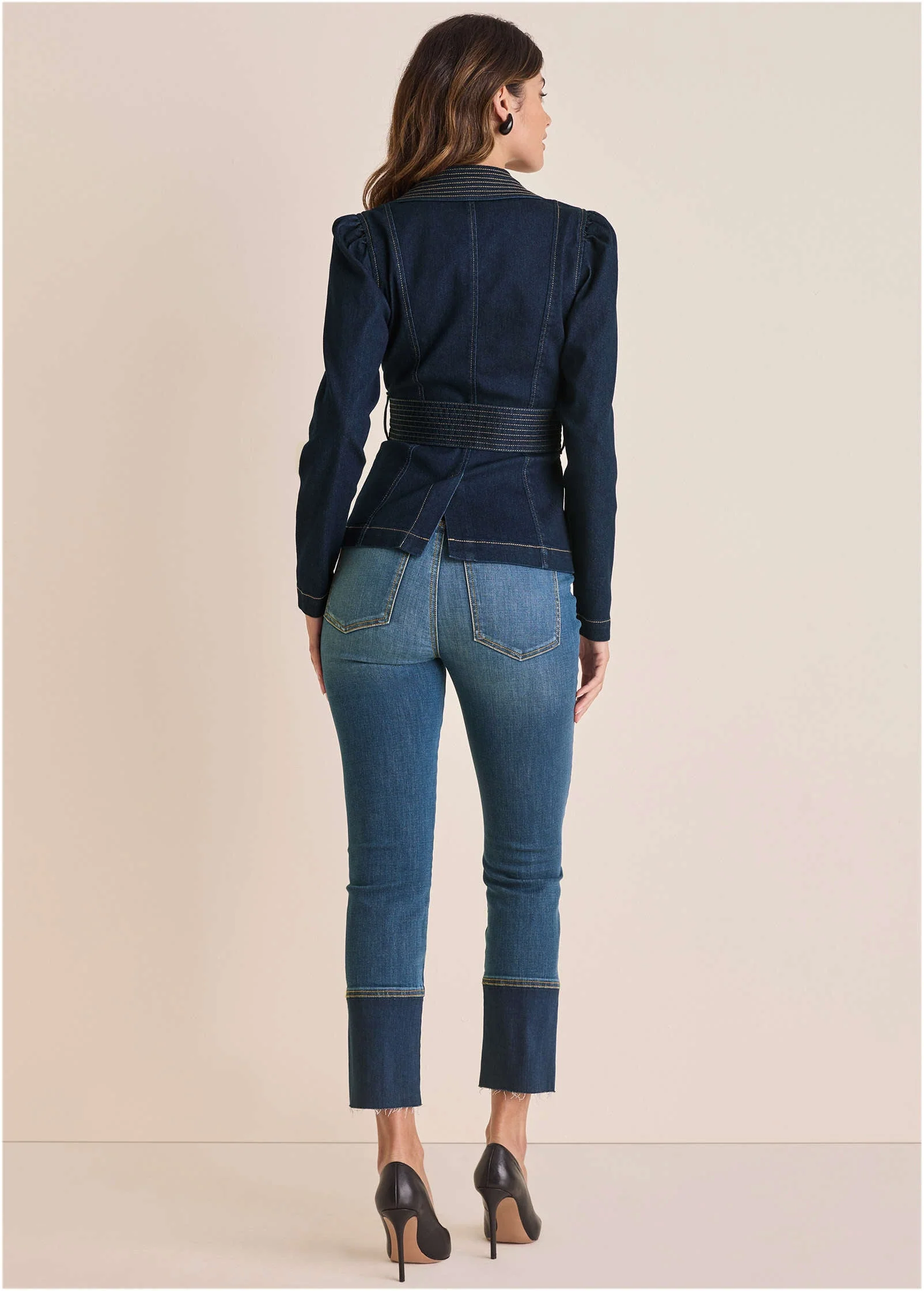 Puff Shoulder Denim Blazer - Dark Wash - Image 4