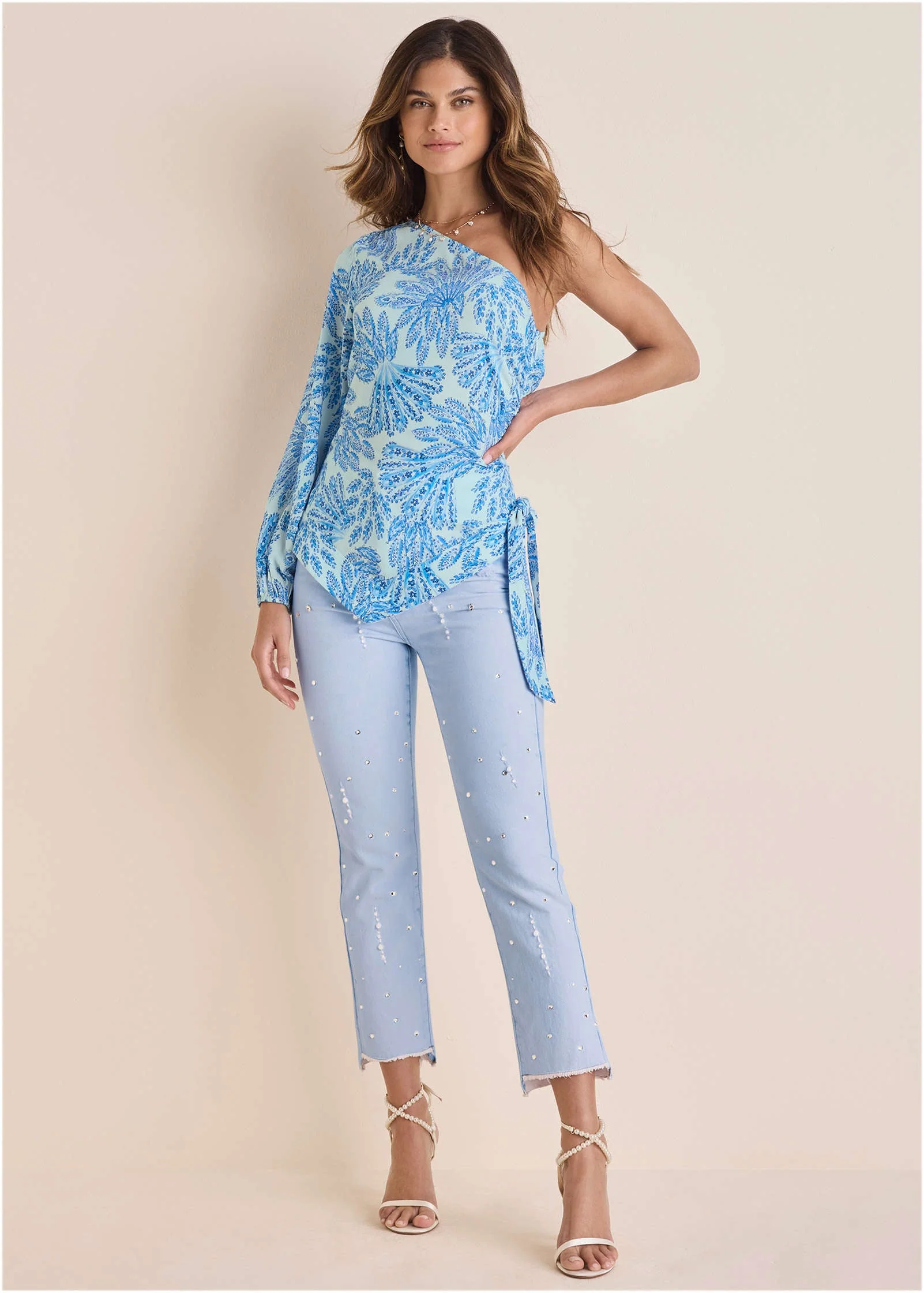 Printed One Shoulder Top - Blue Fans - Image 3