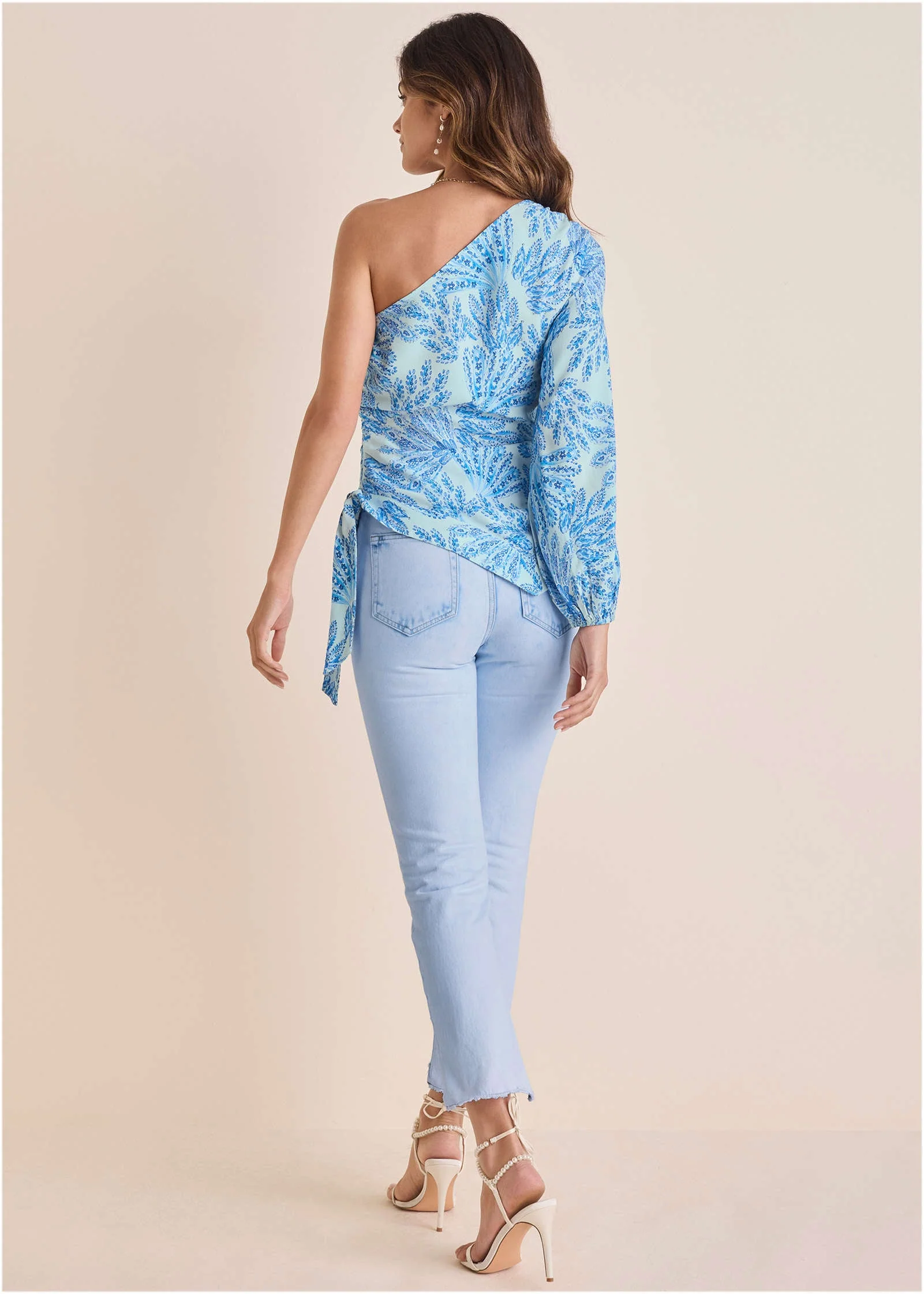 Printed One Shoulder Top - Blue Fans - Image 4