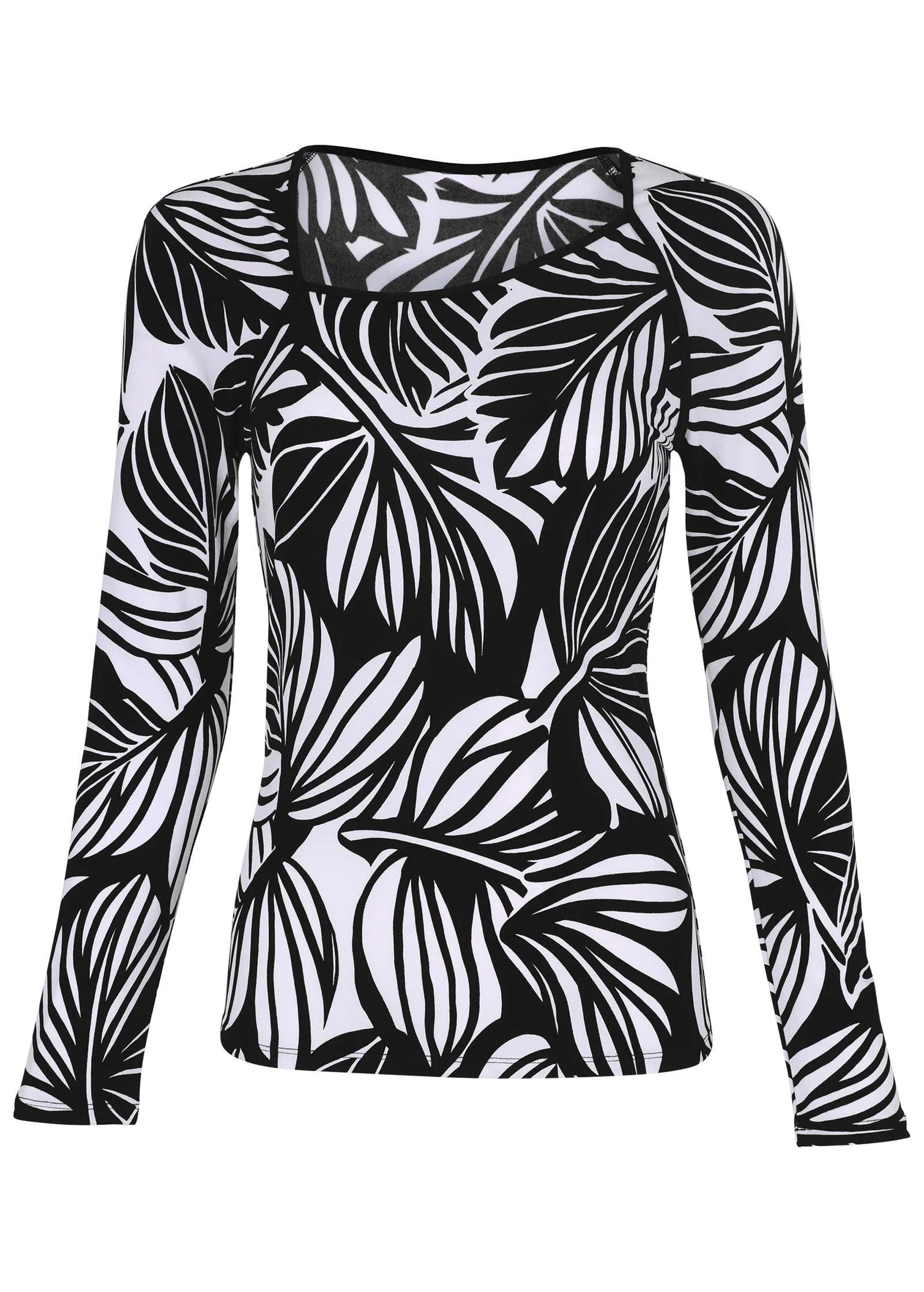 Asymmetric Neck Top - Black Contrast Bold Leaves - Image 6