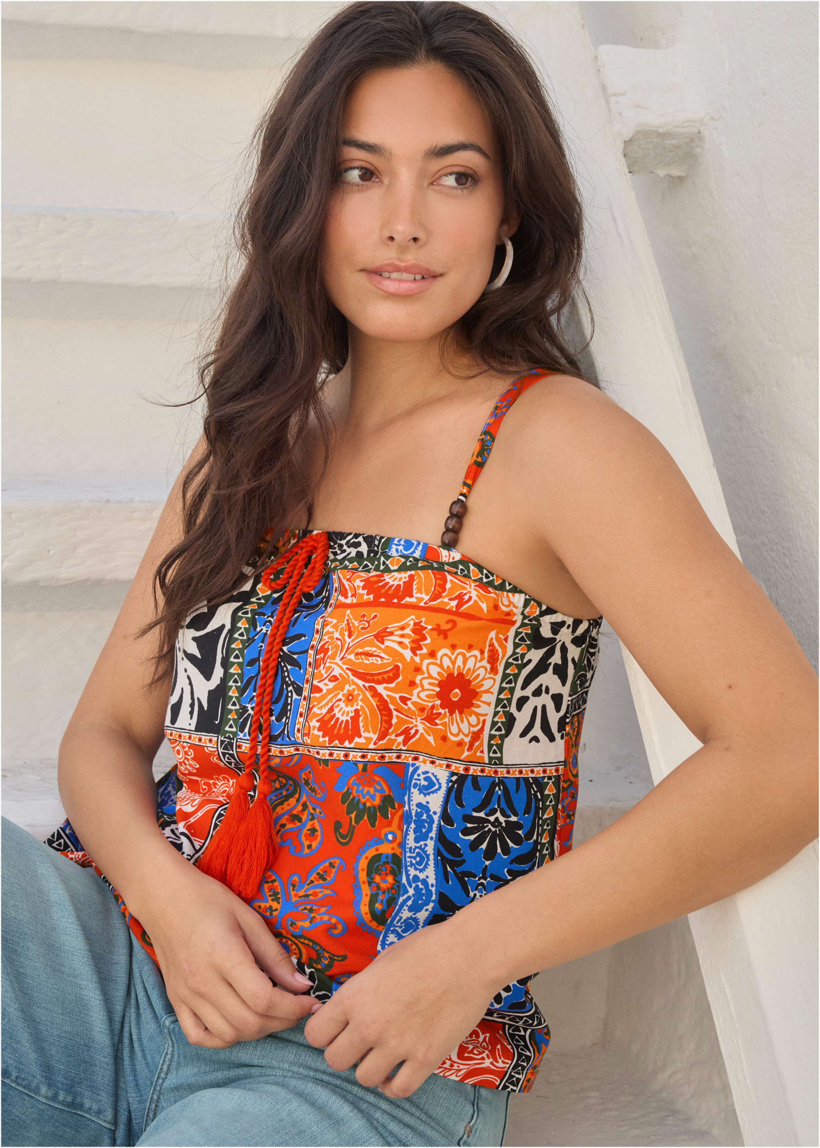 Printed Linen Tank - Tamarini Garden Tile
