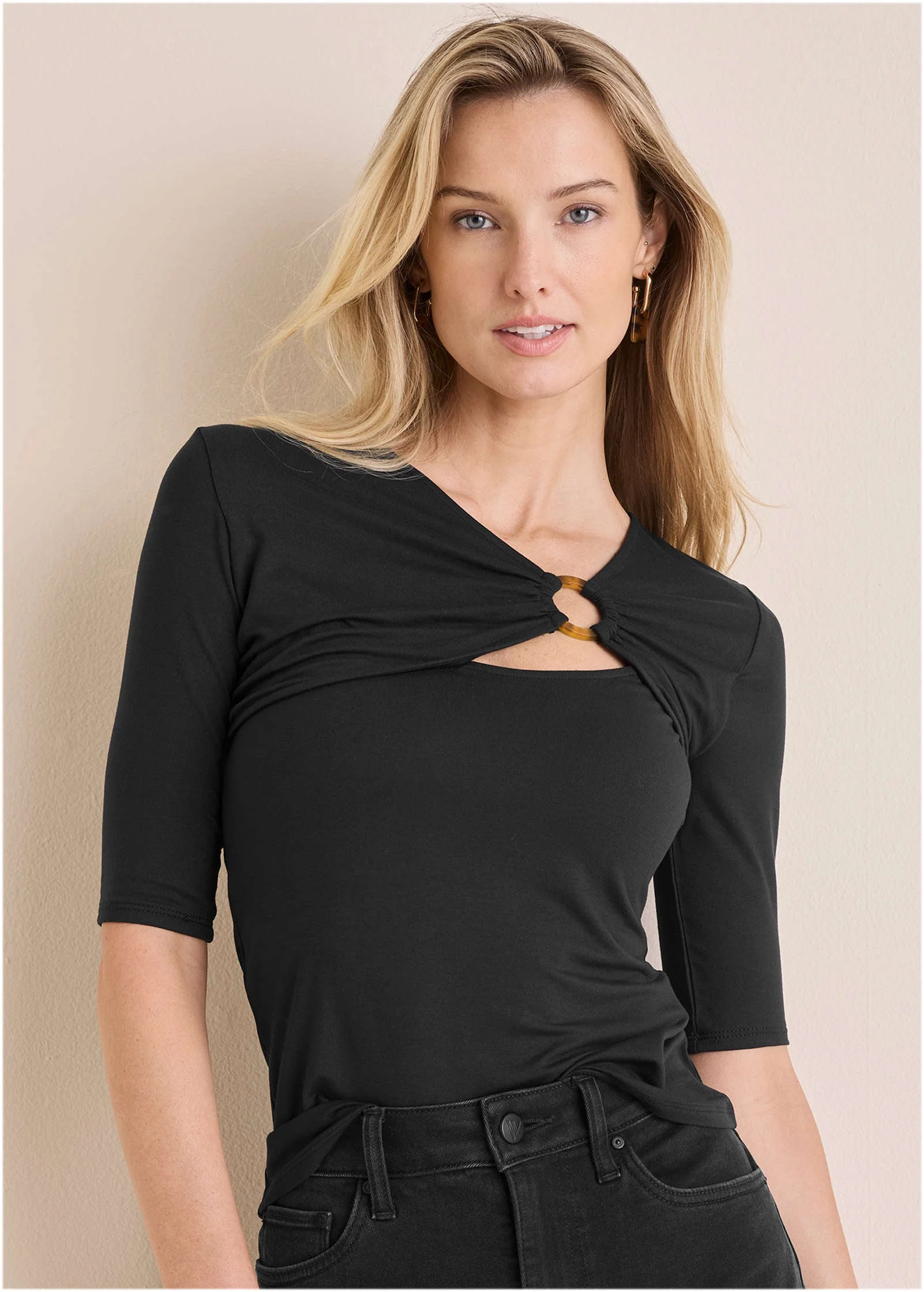 Cut Out 3/4 Sleeve Top - Jet Black