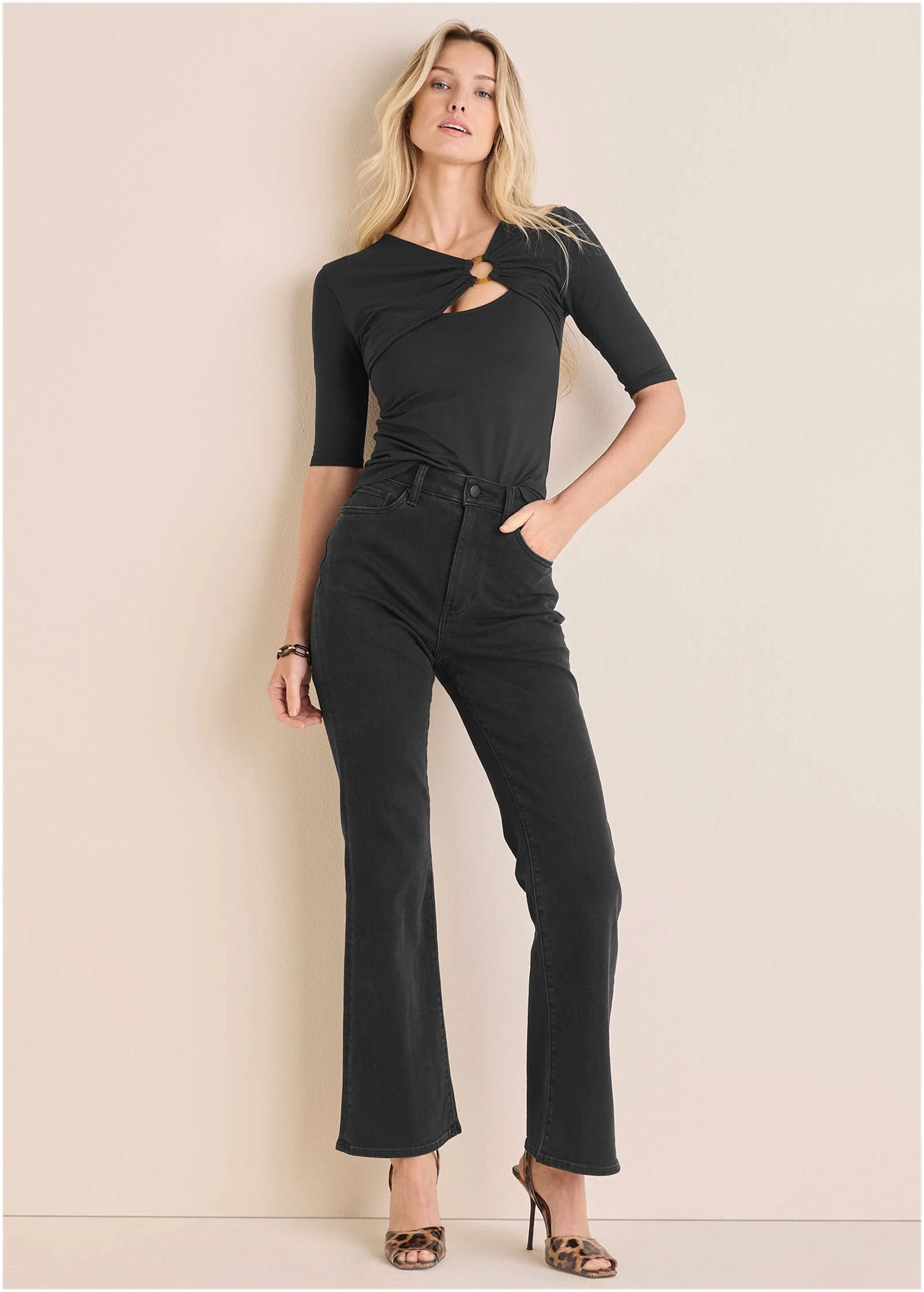 Cut Out 3/4 Sleeve Top - Jet Black - Image 2