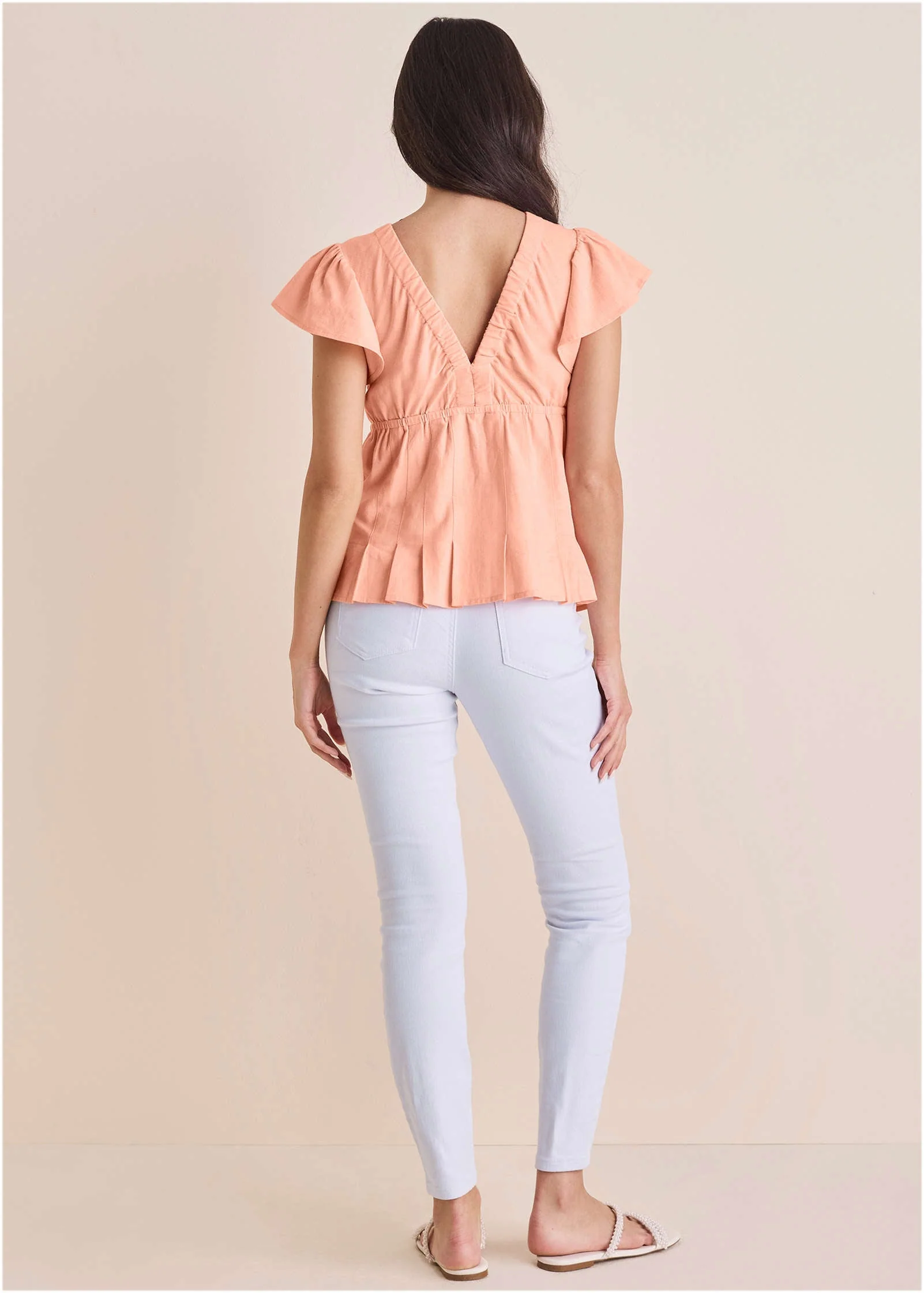 Linen V-Neck Blouse - Peach - Image 2